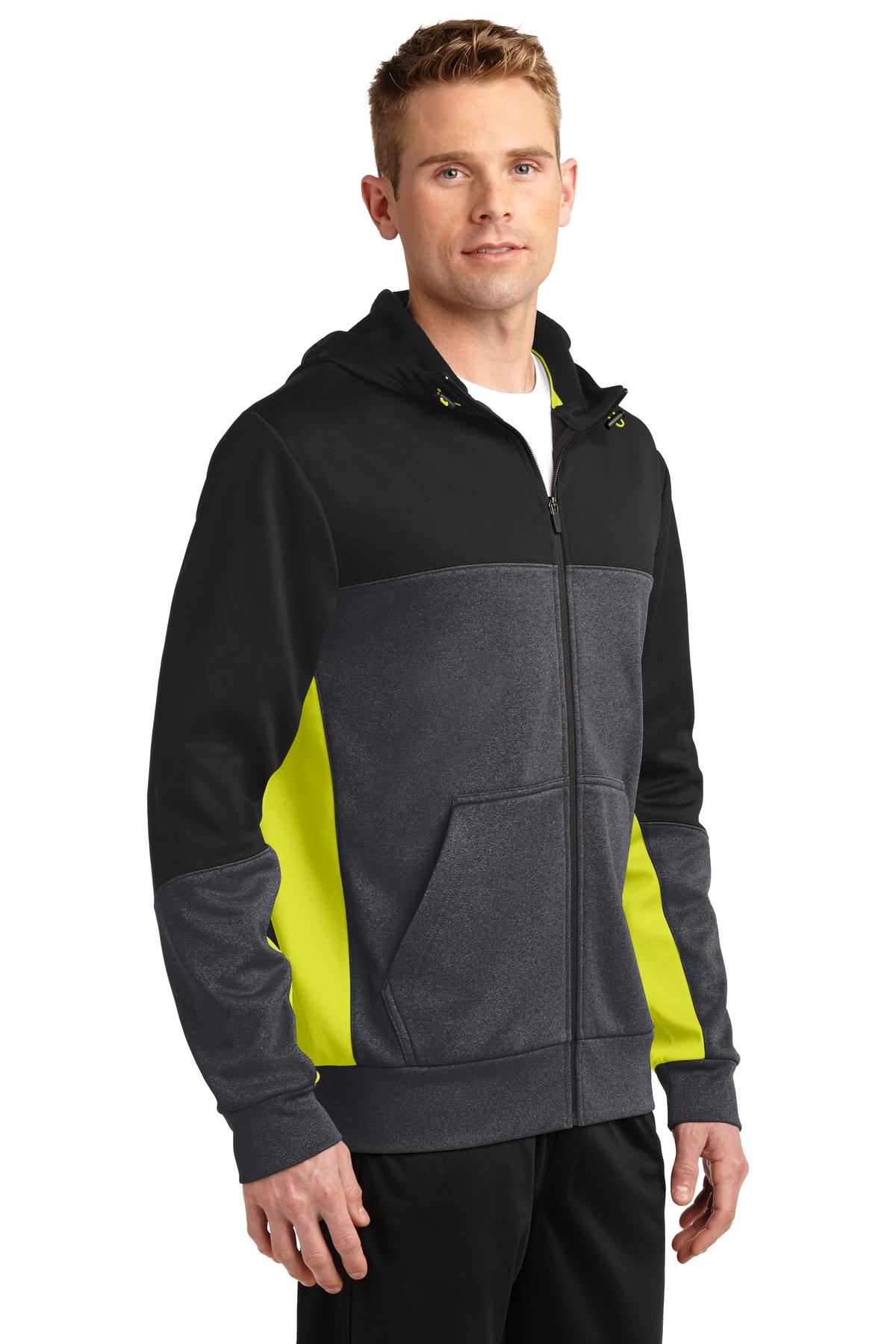 Blk/Gph/Citron Sport-Tek Tech Fleece Colorblock Full-Zip Hooded Jacket. ST245