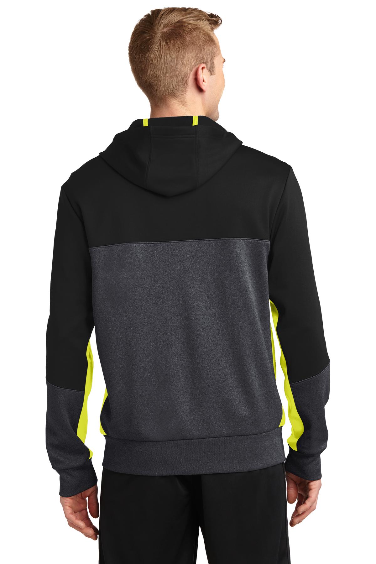Blk/Gph/Citron Sport-Tek Tech Fleece Colorblock Full-Zip Hooded Jacket. ST245
