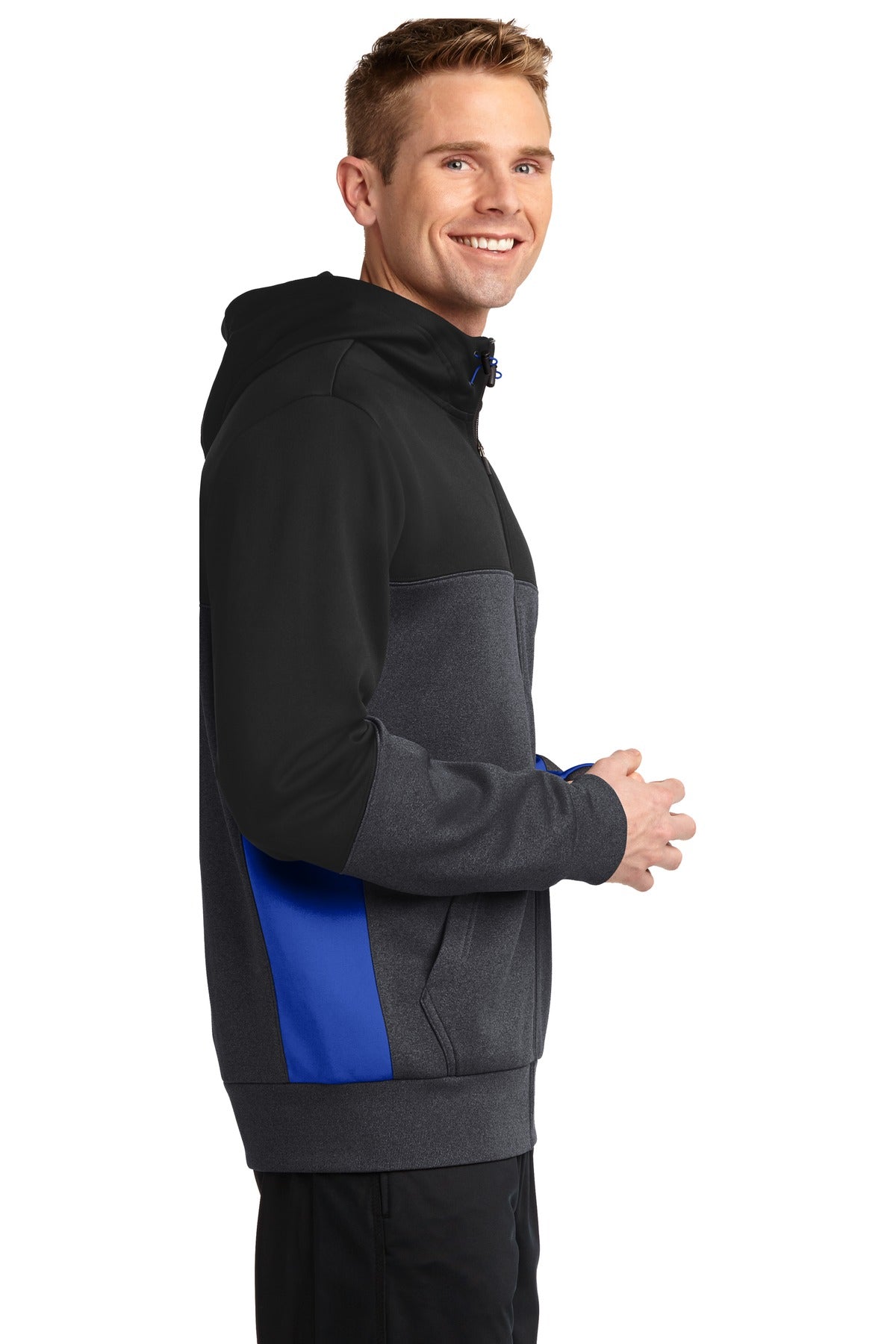 Blk/Gph/Tr Ryl Sport-Tek Tech Fleece Colorblock Full-Zip Hooded Jacket. ST245