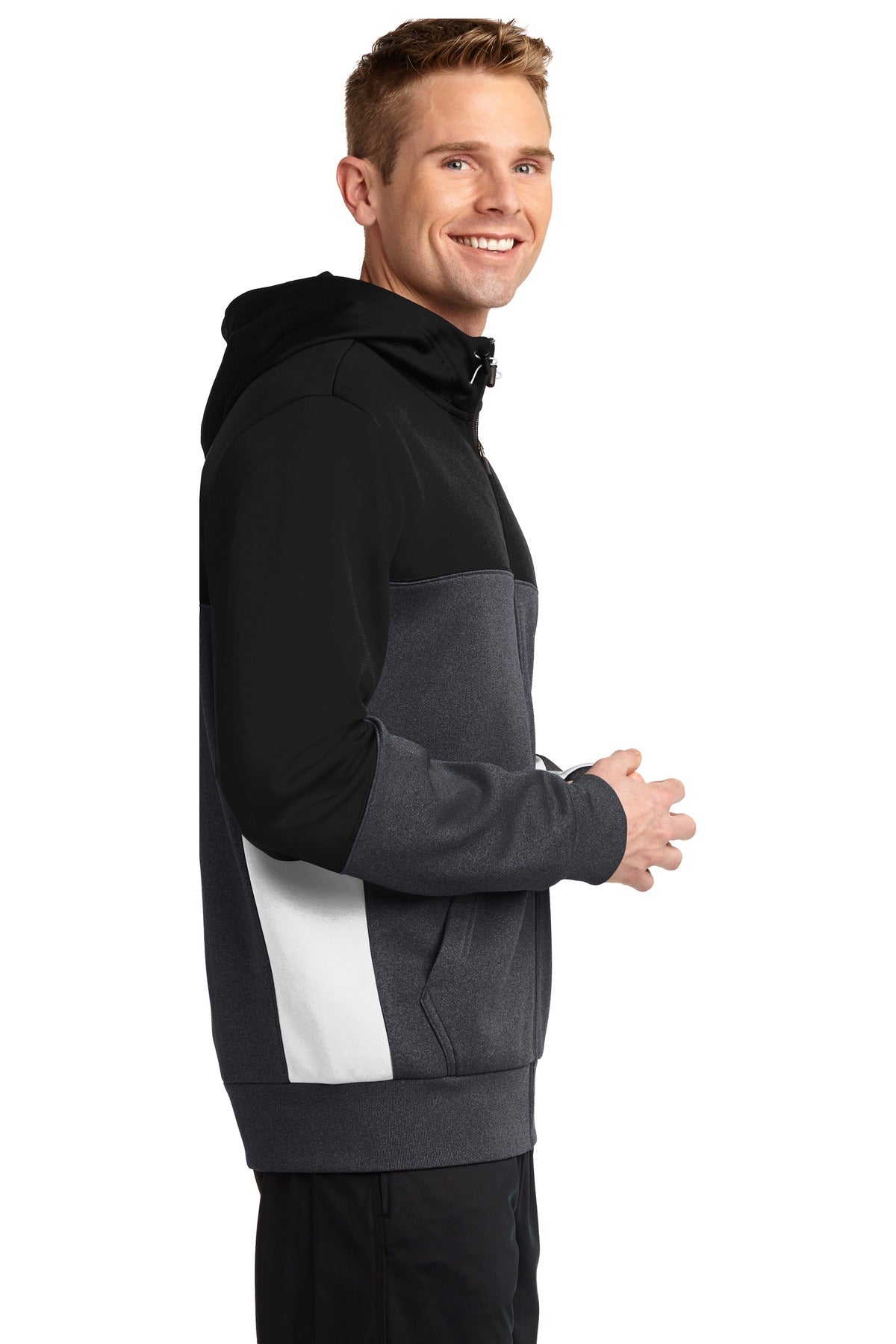 Blk/Gph/White Sport-Tek Tech Fleece Colorblock Full-Zip Hooded Jacket. ST245
