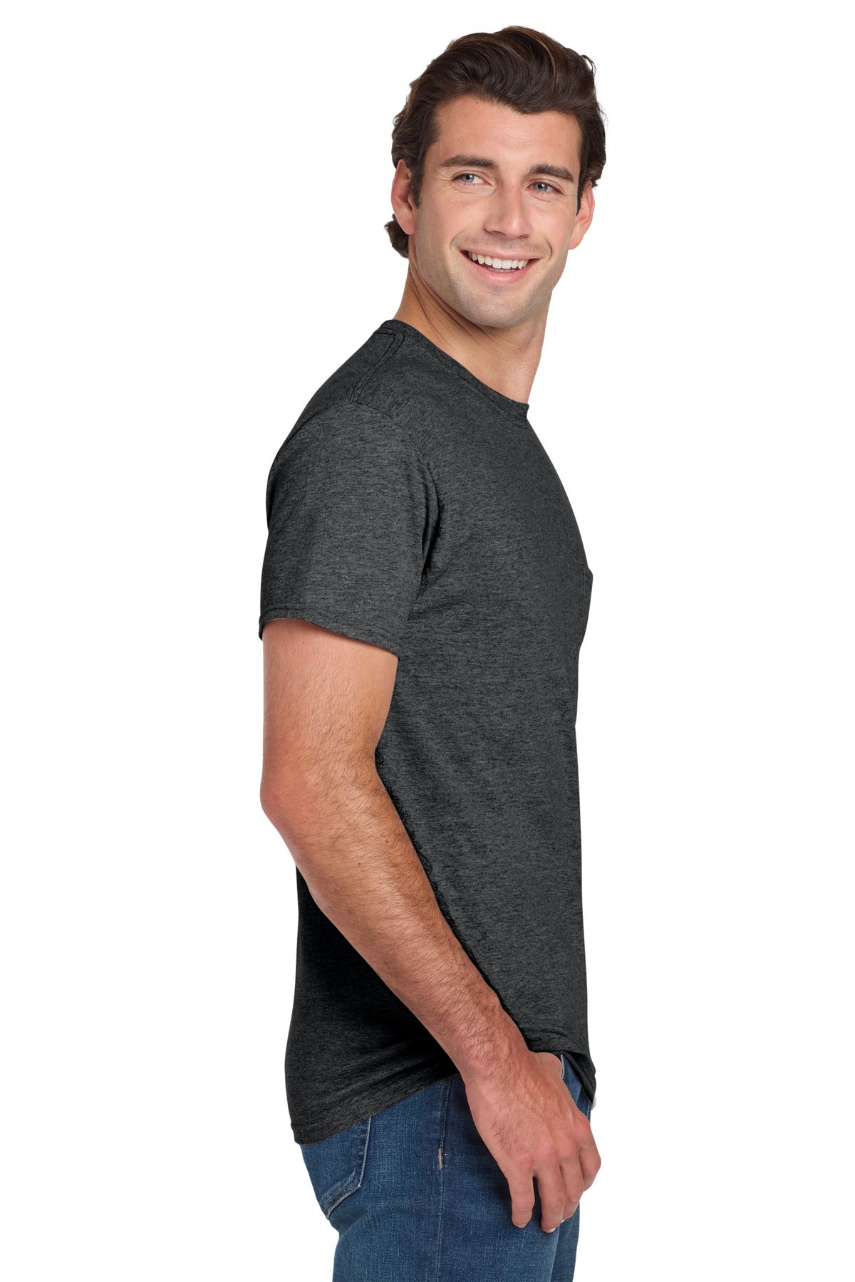 BlkHthr Jerzees - Dri-Power 50/50 Cotton/Poly Pocket T-Shirt. 29MP