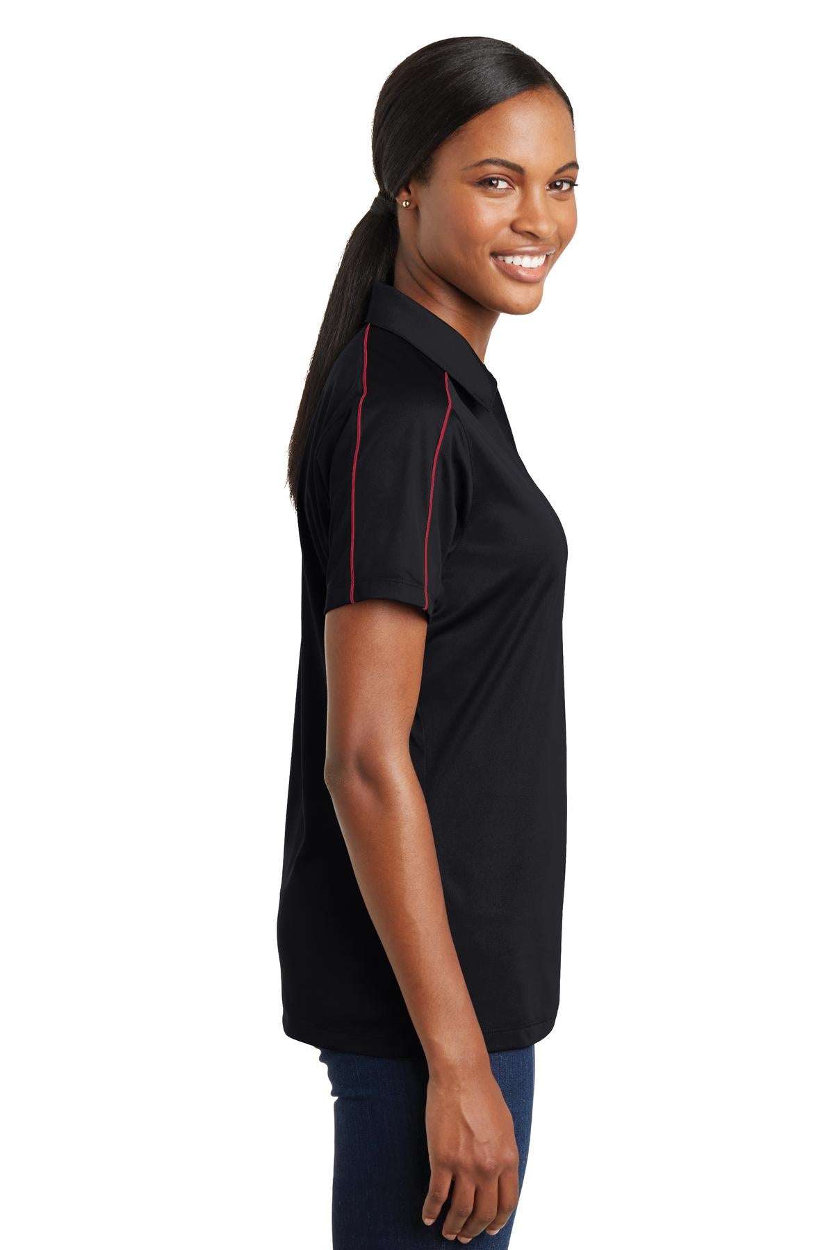 Blk/True Red Sport-Tek Women's Micropique Sport-Wick Piped Polo. LST653