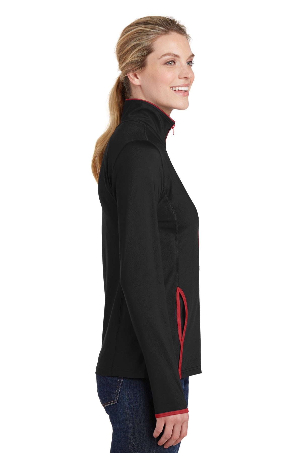 Blk/True Red Sport-Tek Women's Sport-Wick Stretch Contrast Full-Zip Jacket. LST853