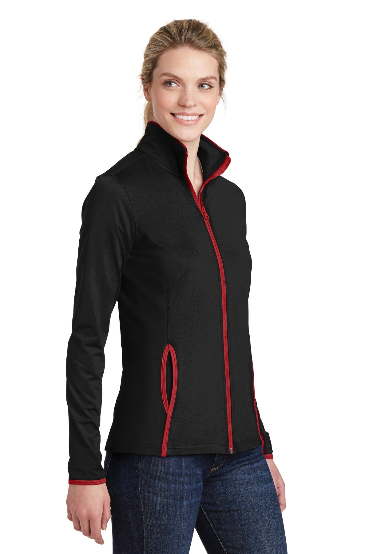 Blk/True Red Sport-Tek Women's Sport-Wick Stretch Contrast Full-Zip Jacket. LST853