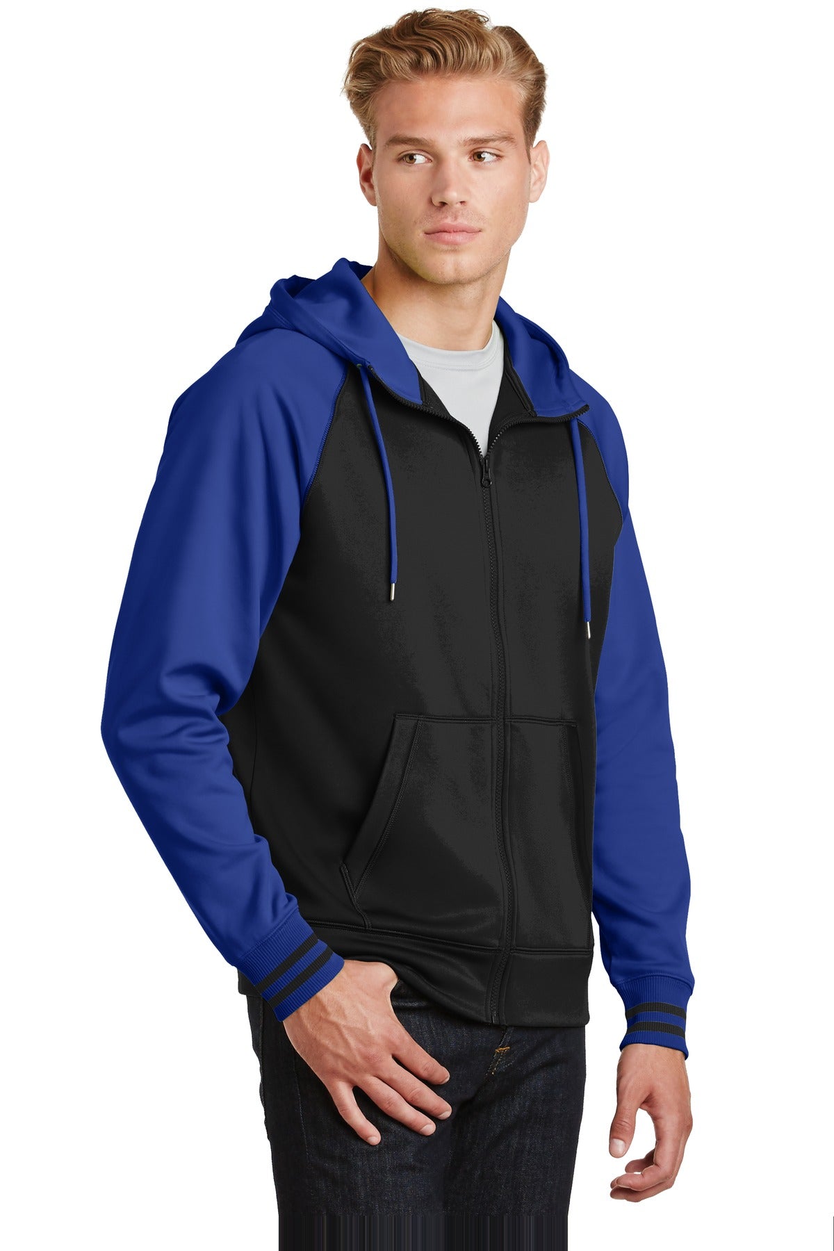Blk/True Royal Sport-Tek Sport-Wick Varsity Fleece Full-Zip Hooded Jacket. ST236