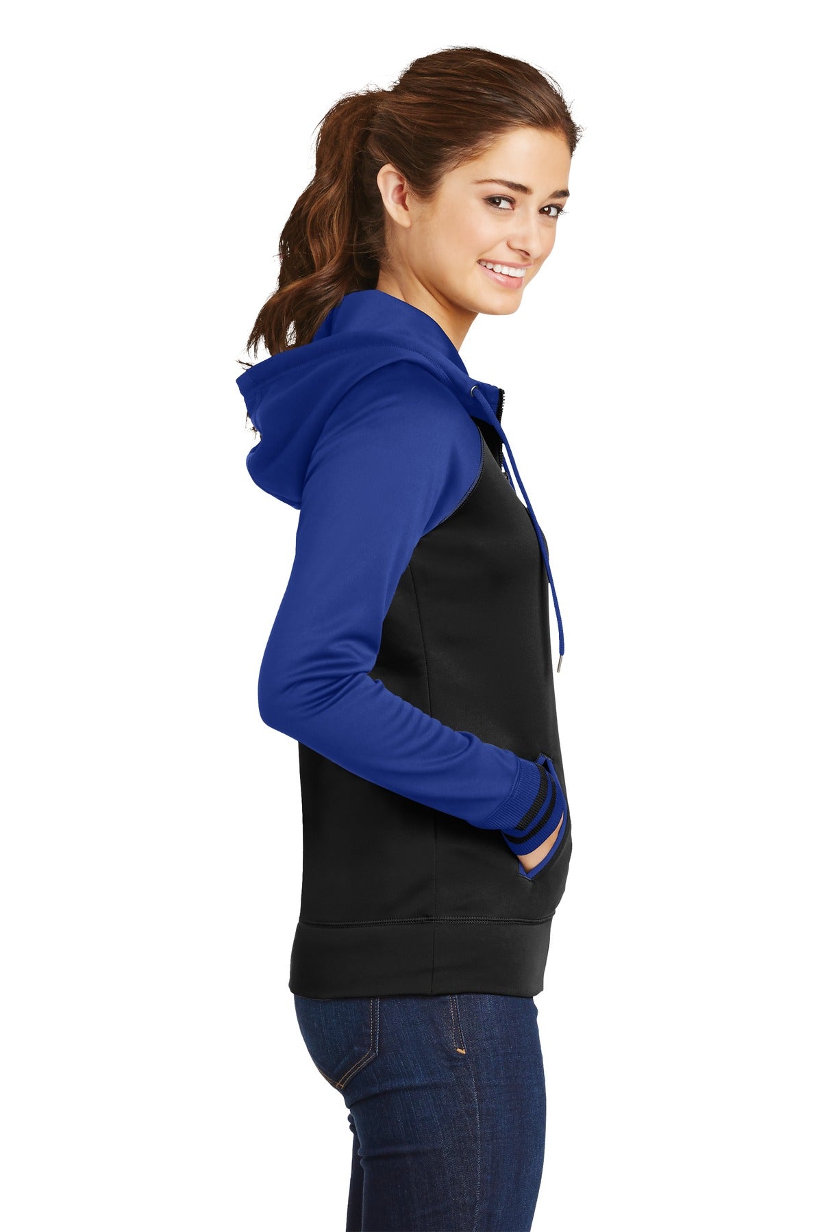 Blk/True Royal Sport-Tek Women's Sport-Wick Varsity Fleece Full-Zip Hooded Jacket. LST236
