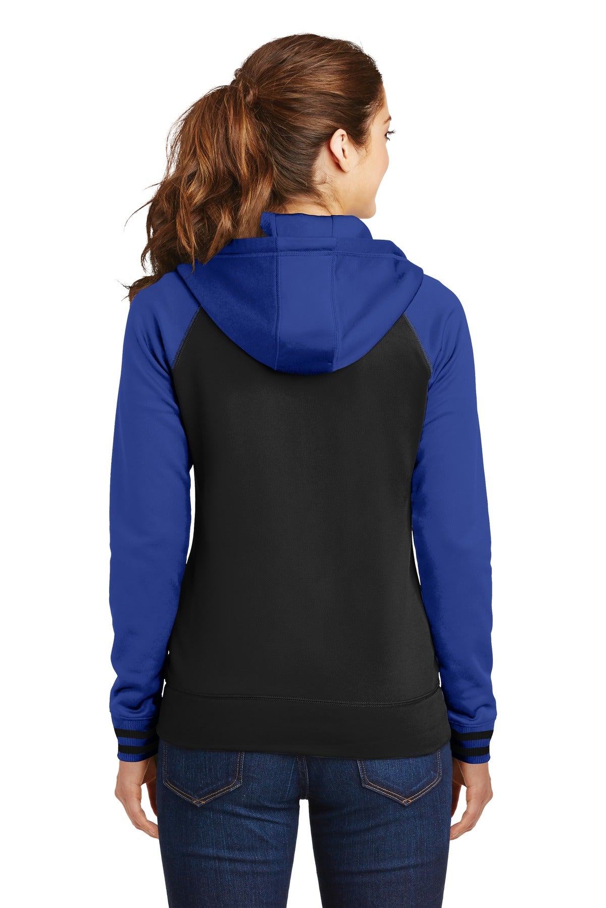Blk/True Royal Sport-Tek Women's Sport-Wick Varsity Fleece Full-Zip Hooded Jacket. LST236
