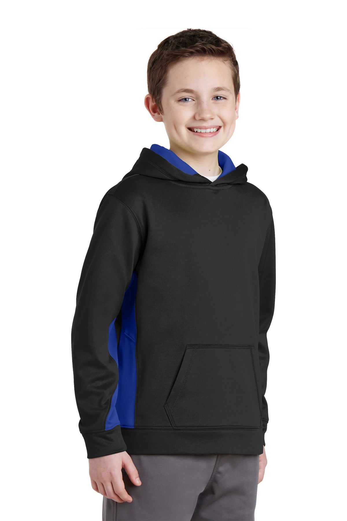 Blk/True Royal Sport-Tek Youth Sport-Wick Fleece Colorblock Hooded Pullover. YST235