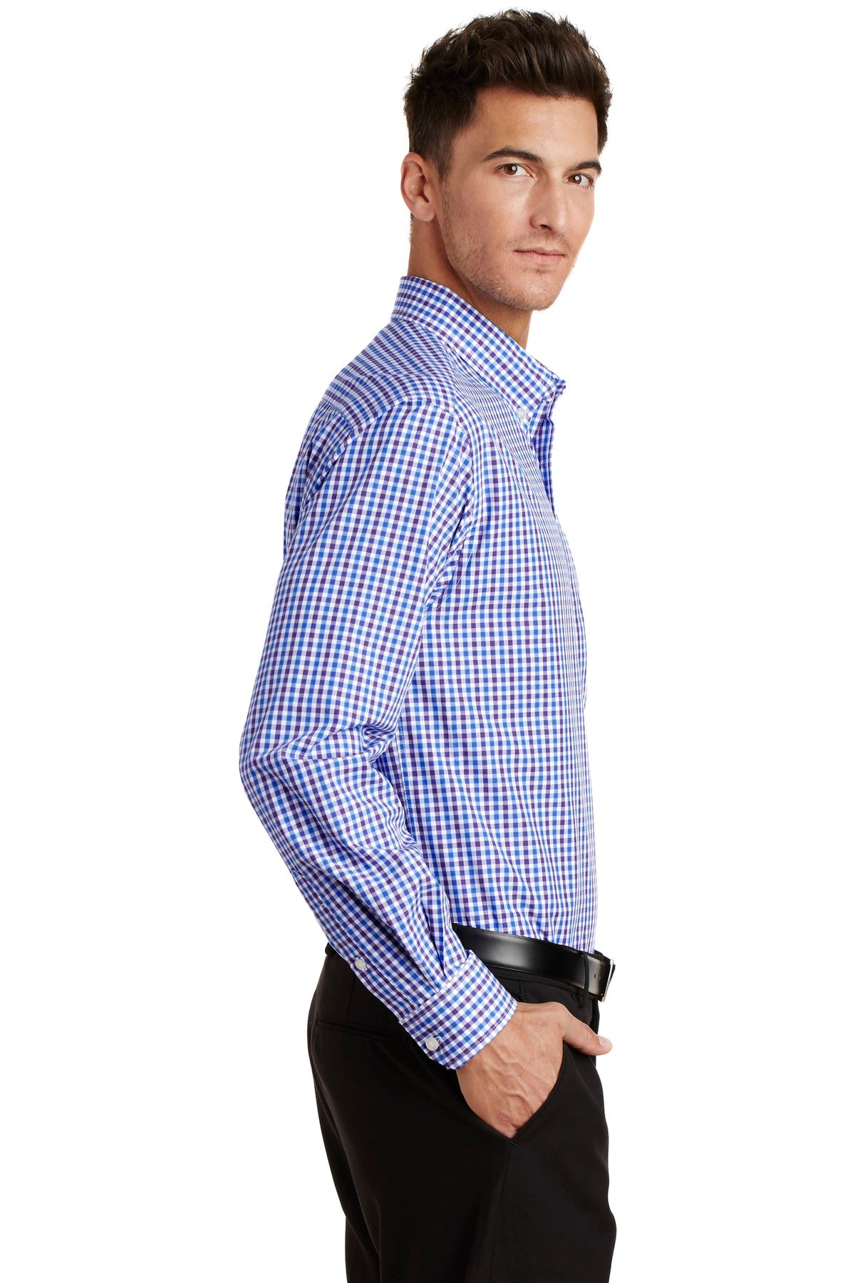Blue/Purple Port Authority Long Sleeve Gingham Easy Care Shirt. S654