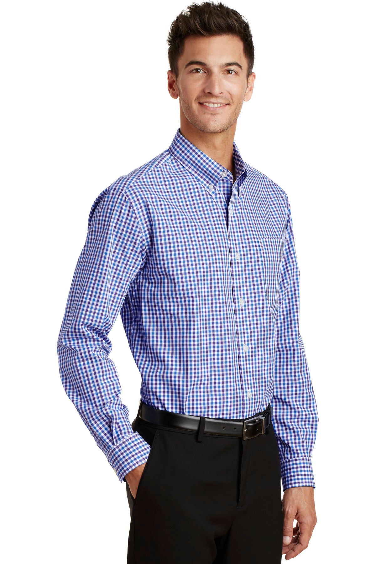 Blue/Purple Port Authority Long Sleeve Gingham Easy Care Shirt. S654