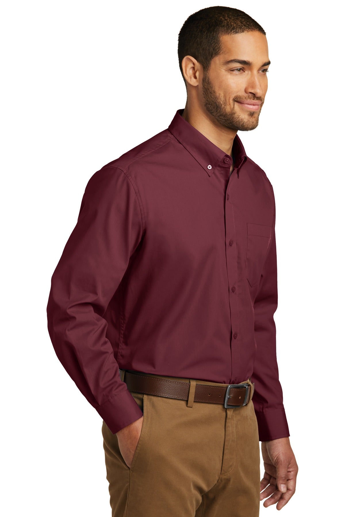 Burgundy Port Authority Long Sleeve Carefree Poplin Shirt. W100