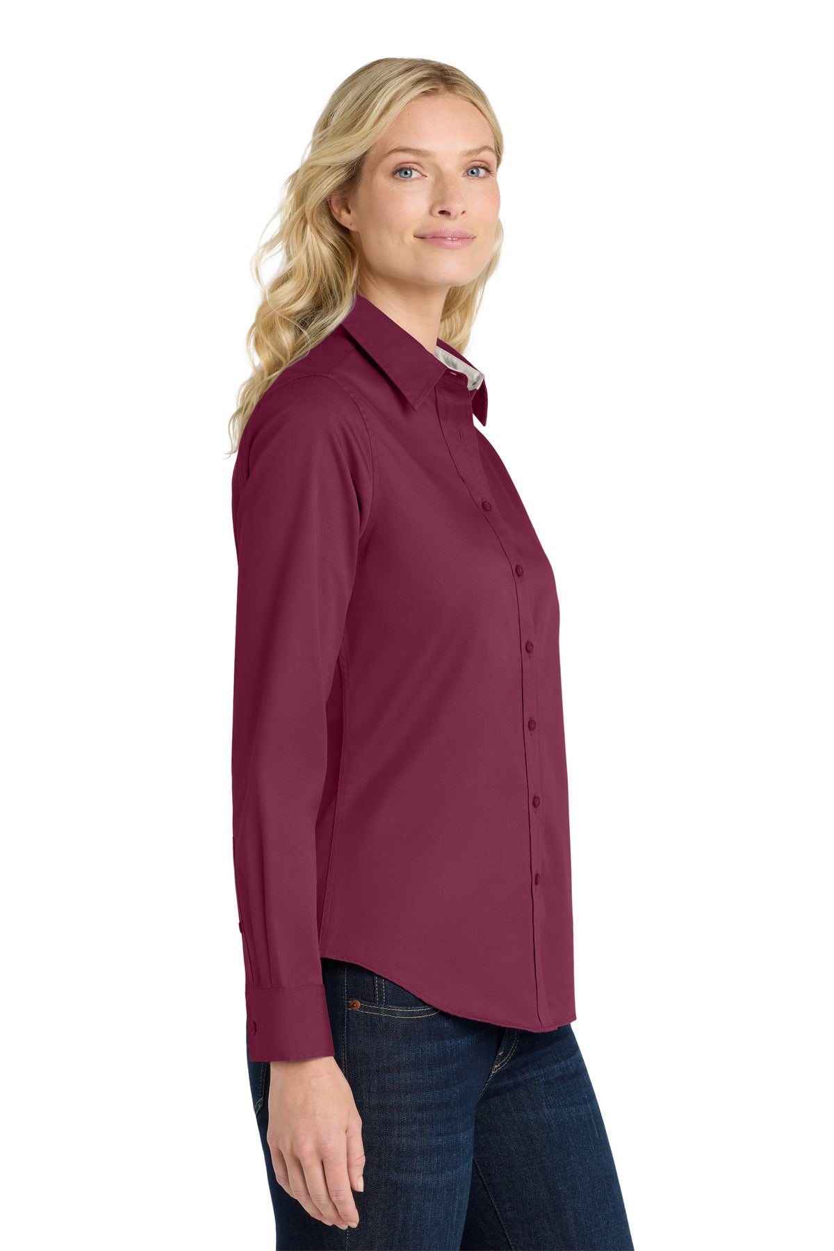 Burgundy/Lt St Port Authority Women's Long Sleeve Easy Care Shirt. L608