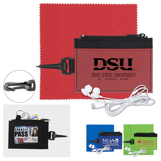 Blue "Lexington" Mobile Tech Earbud Kit with Microfiber Cloth in Travel ID Wallet