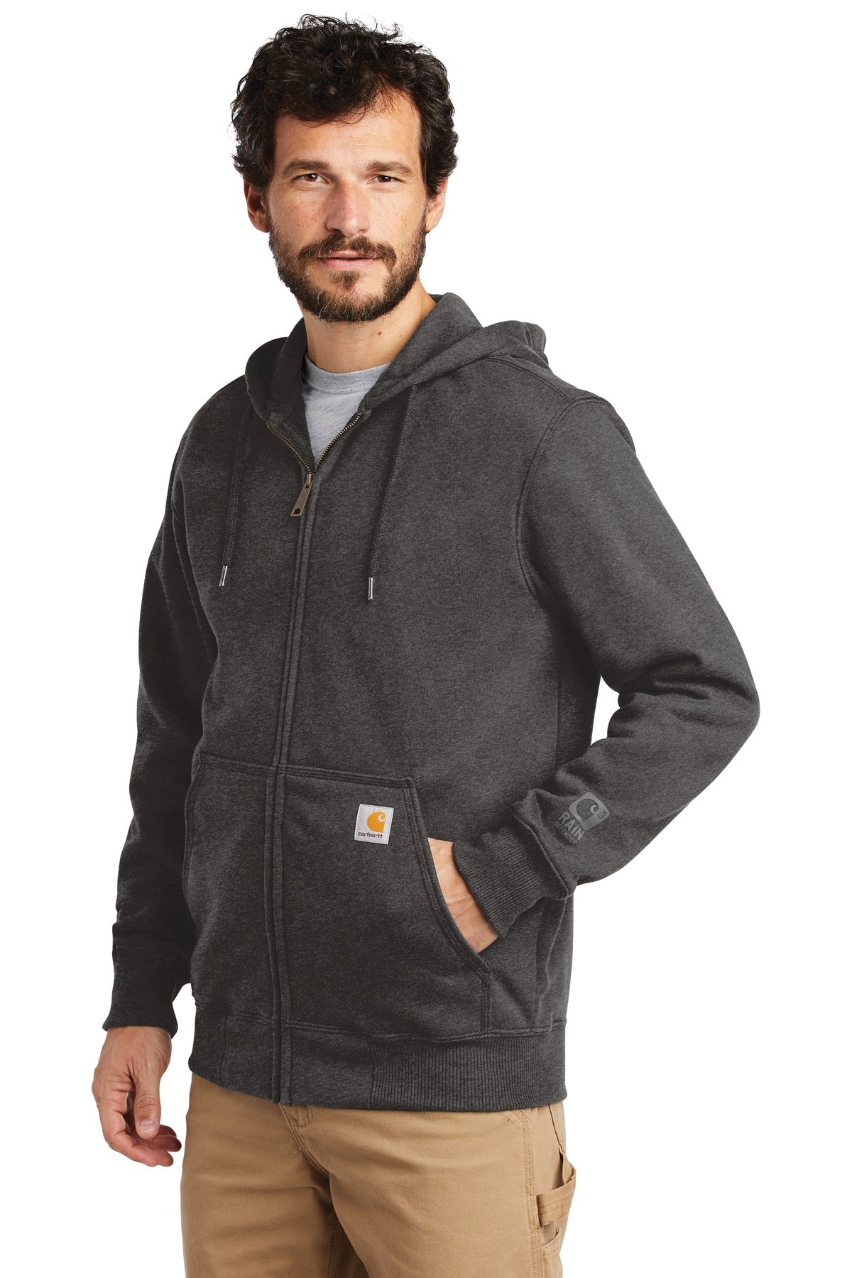 Carbon Heather Carhartt Rain Defender Paxton Heavyweight Hooded Zip-Front Sweatshirt. CT100614