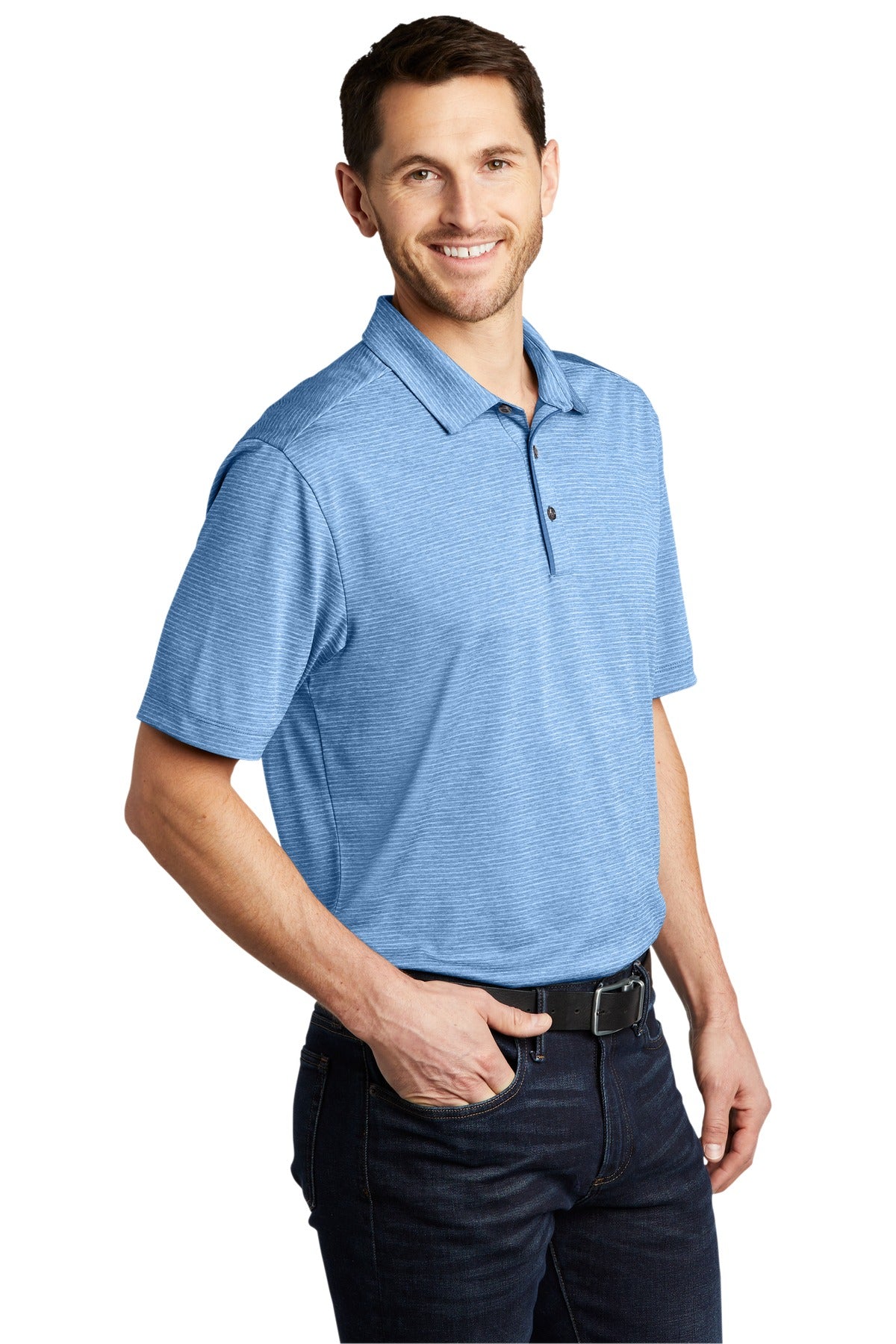 Carolina Blue Port Authority Shadow Stripe Polo. K585