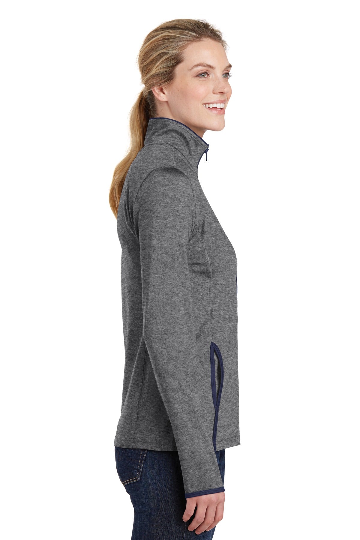 CGH/True Navy Sport-Tek Women's Sport-Wick Stretch Contrast Full-Zip Jacket. LST853