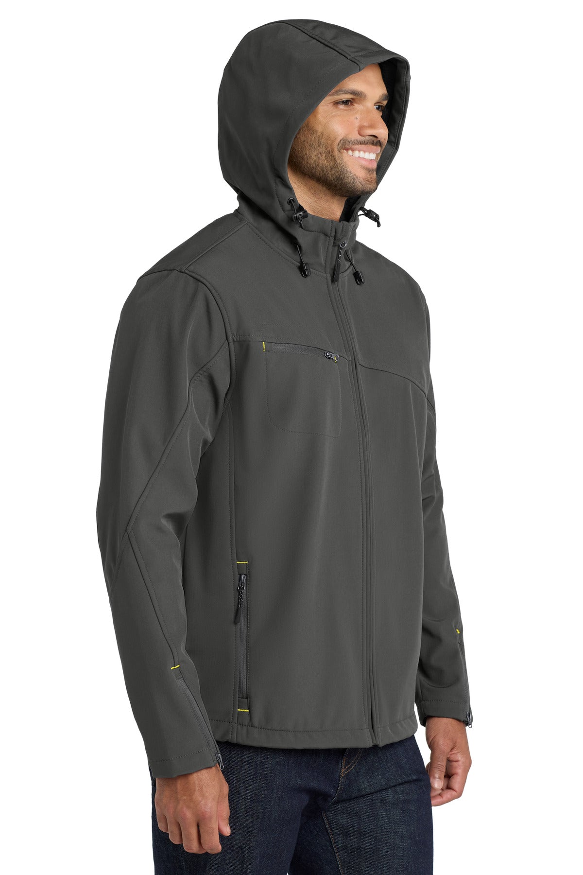 Charcoal Port Authority Textured Hooded Soft Shell Jacket. J706