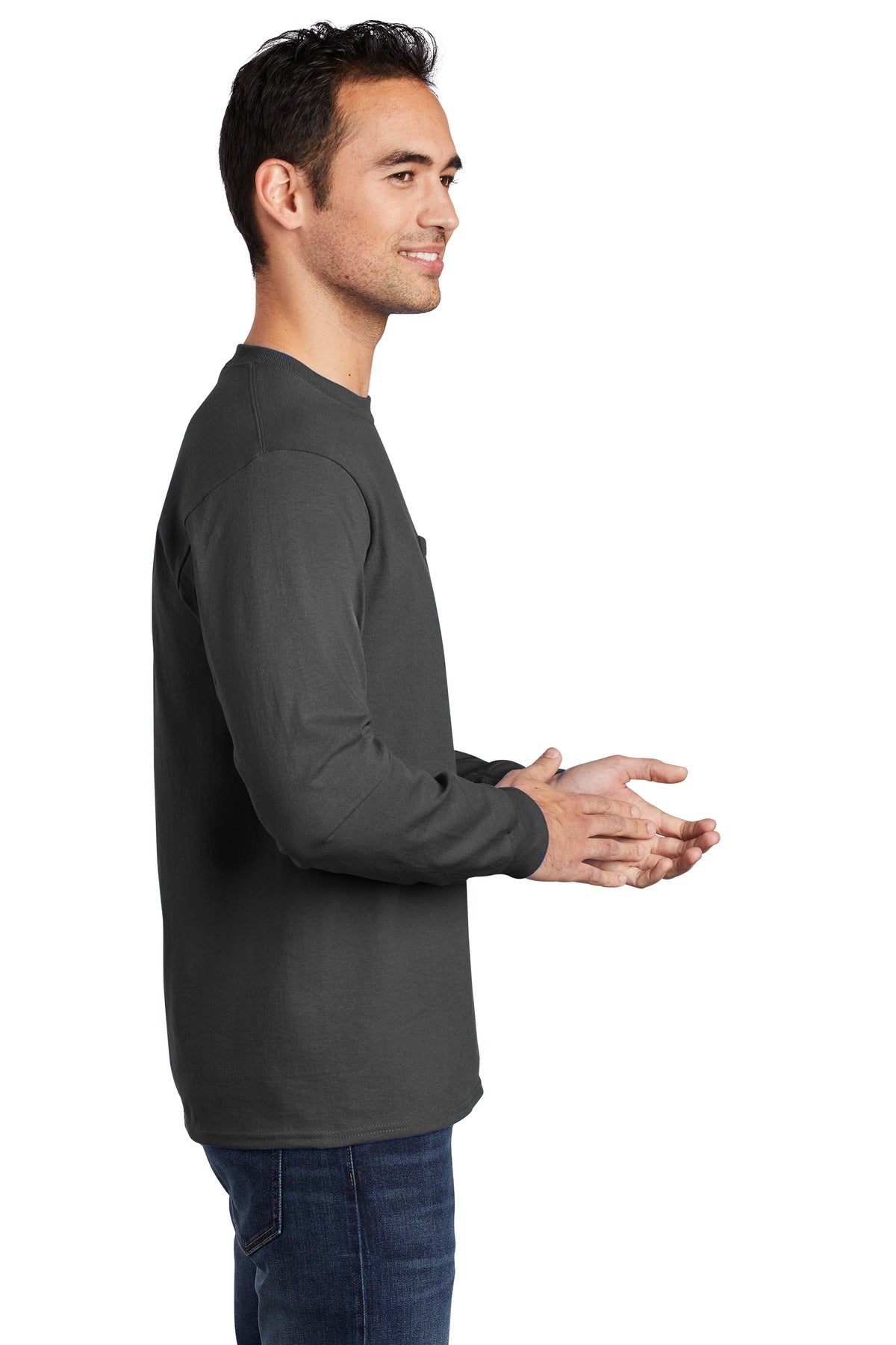 Charcoal Port & Company Tall Long Sleeve Essential Pocket Tee. PC61LSPT