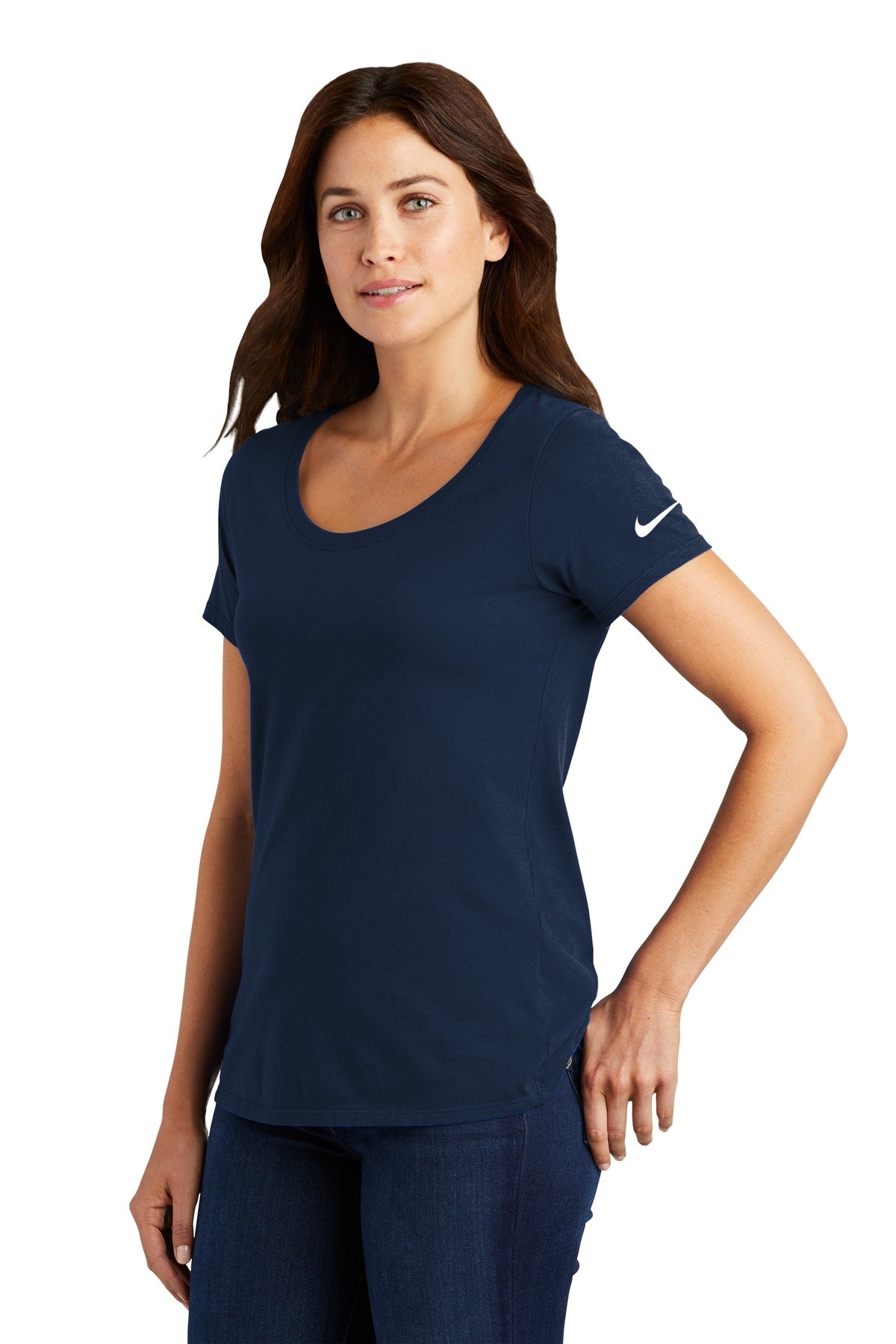College Navy Nike Women's Dri-FIT Cotton/Poly Scoop Neck Tee. NKBQ5234