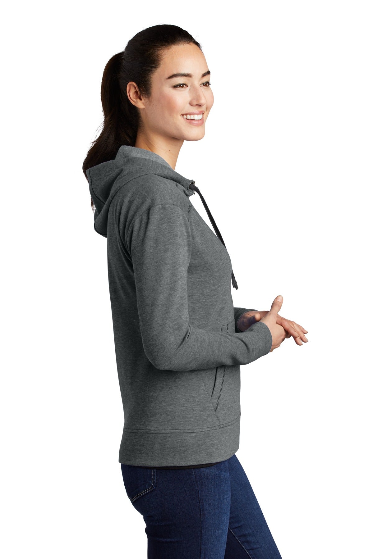 Dark Grey Hthr Sport-Tek Women's PosiCharge Tri-Blend Wicking Fleece Full-Zip Hooded Jacket LST293