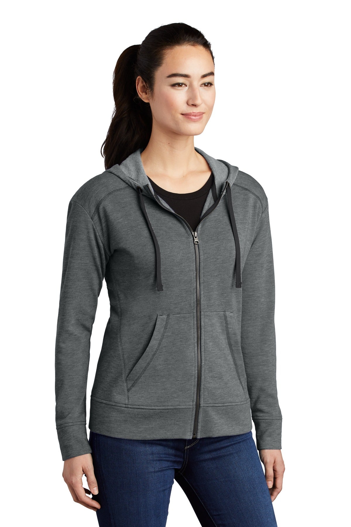 Dark Grey Hthr Sport-Tek Women's PosiCharge Tri-Blend Wicking Fleece Full-Zip Hooded Jacket LST293