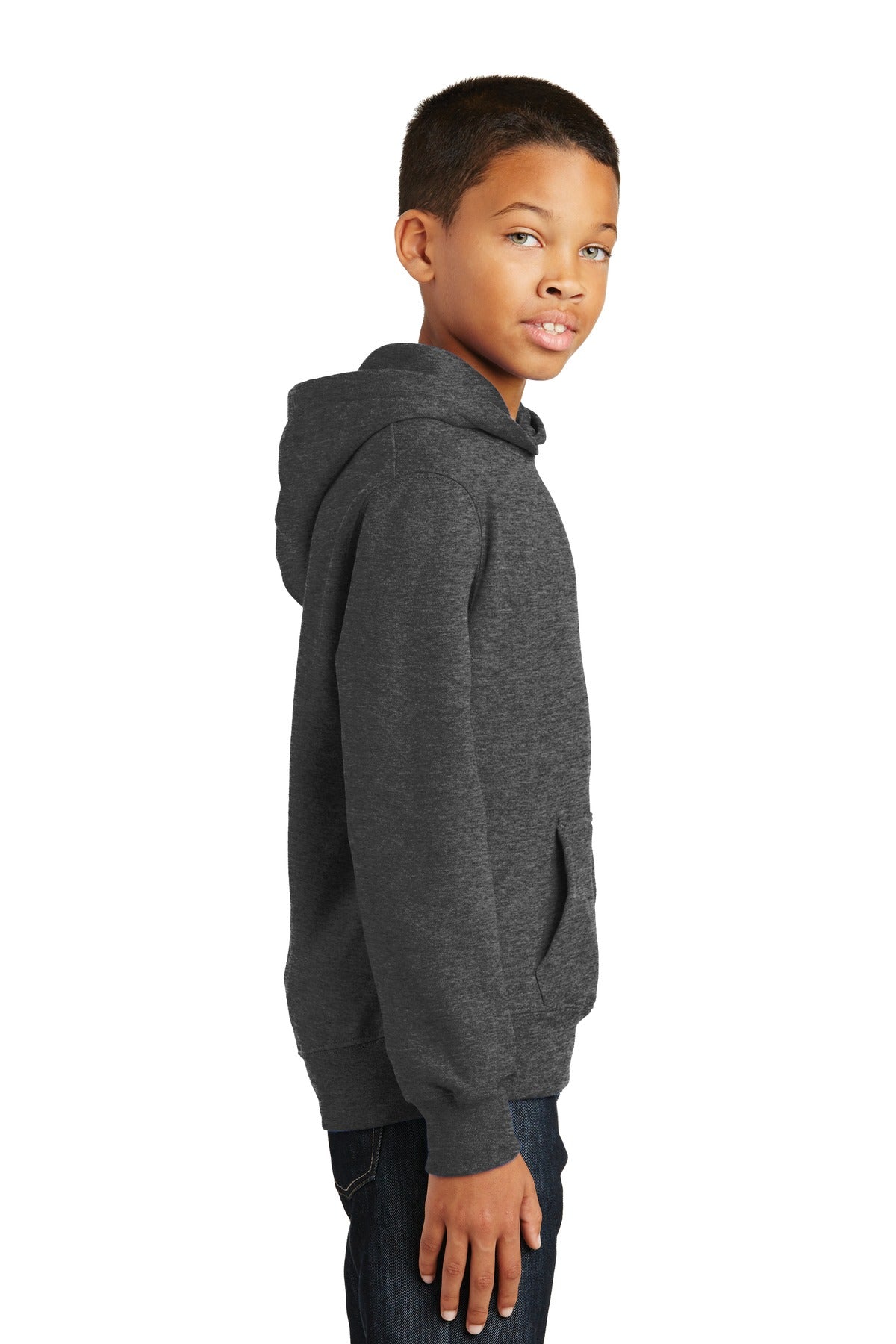 Dark Hthr Grey Port & Company Youth Fan Favorite Fleece Pullover Hooded Sweatshirt. PC850YH
