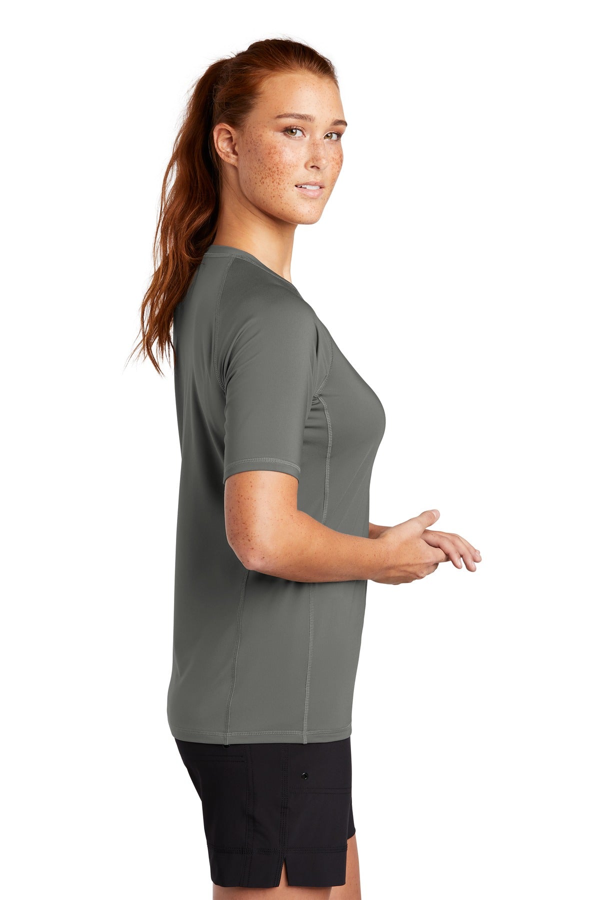 Dark Smoke Gry Sport-Tek Women's Rashguard Tee. LST470