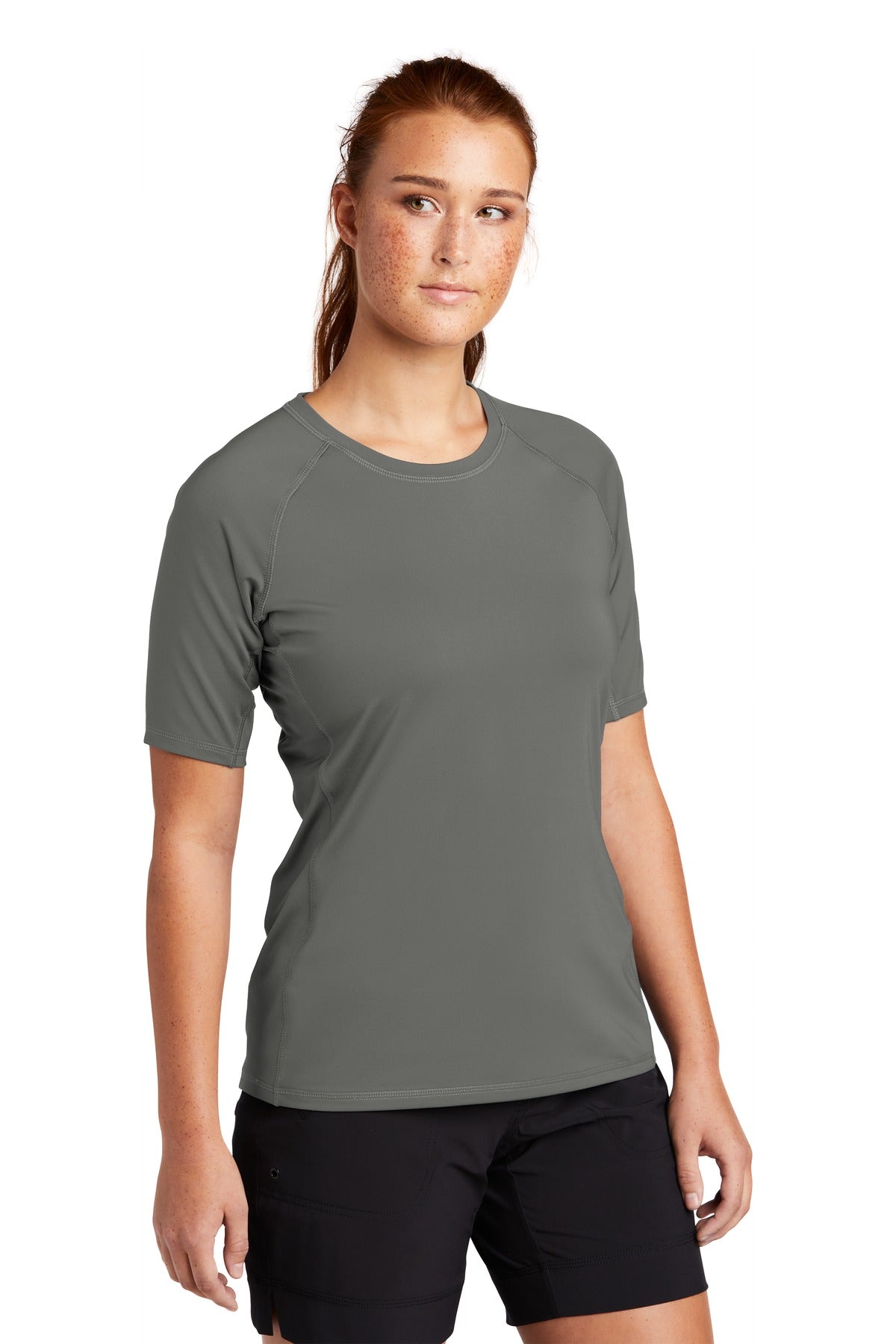 Dark Smoke Gry Sport-Tek Women's Rashguard Tee. LST470