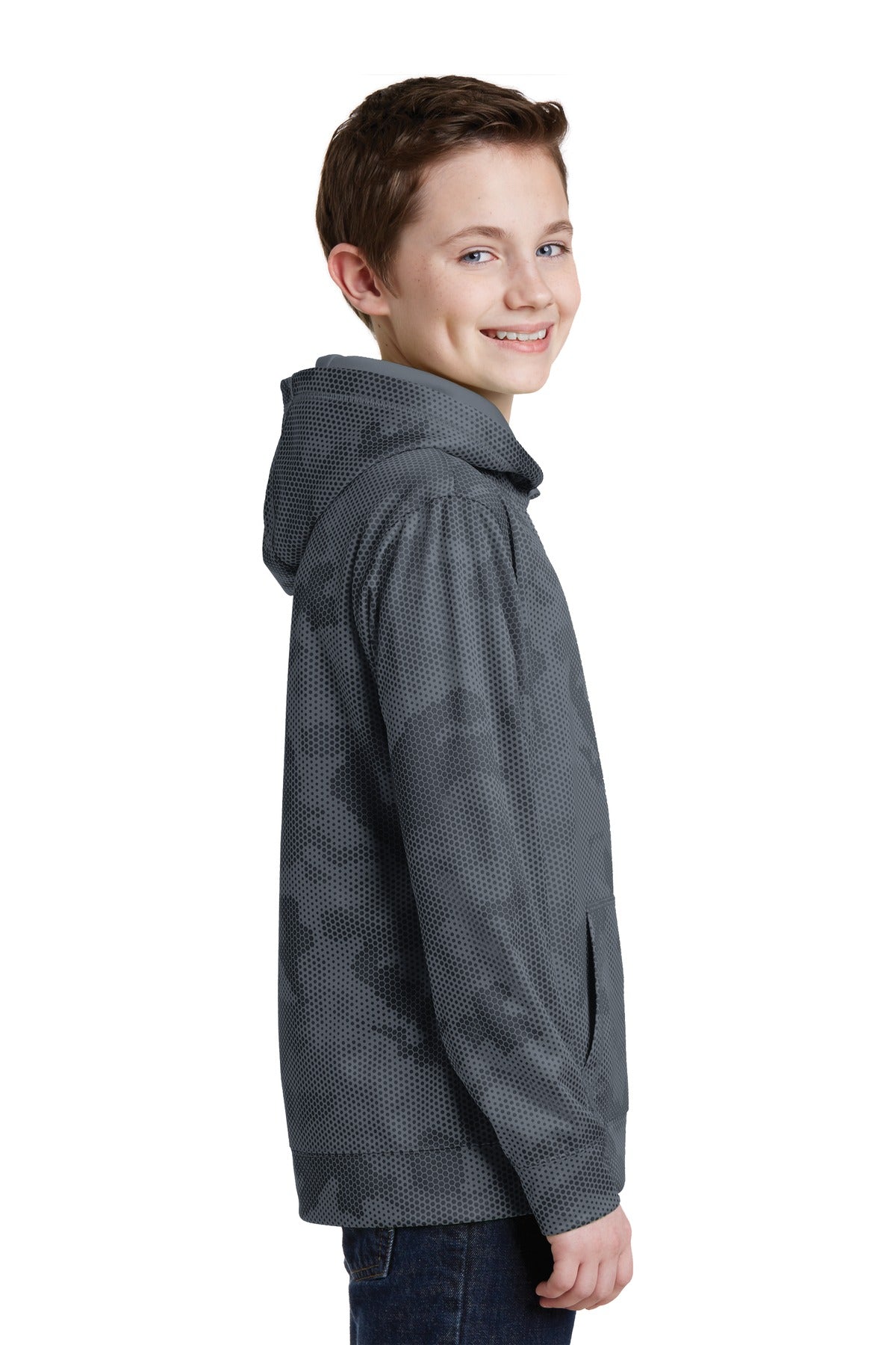 Dark Smoke Gry Sport-Tek Youth Sport-Wick CamoHex Fleece Hooded Pullover. YST240