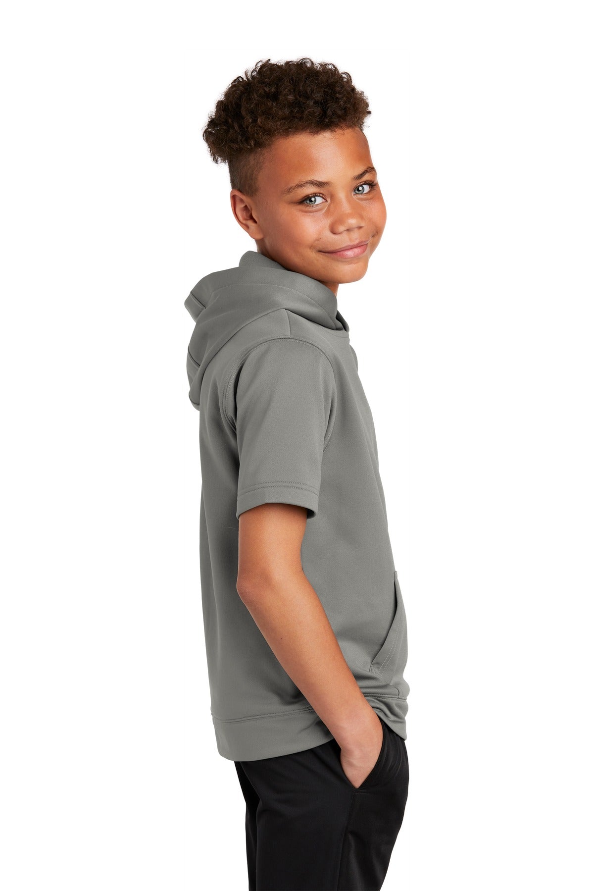 Dark Smoke Gry Sport-Tek Youth Sport-Wick Fleece Short Sleeve Hooded Pullover. YST251