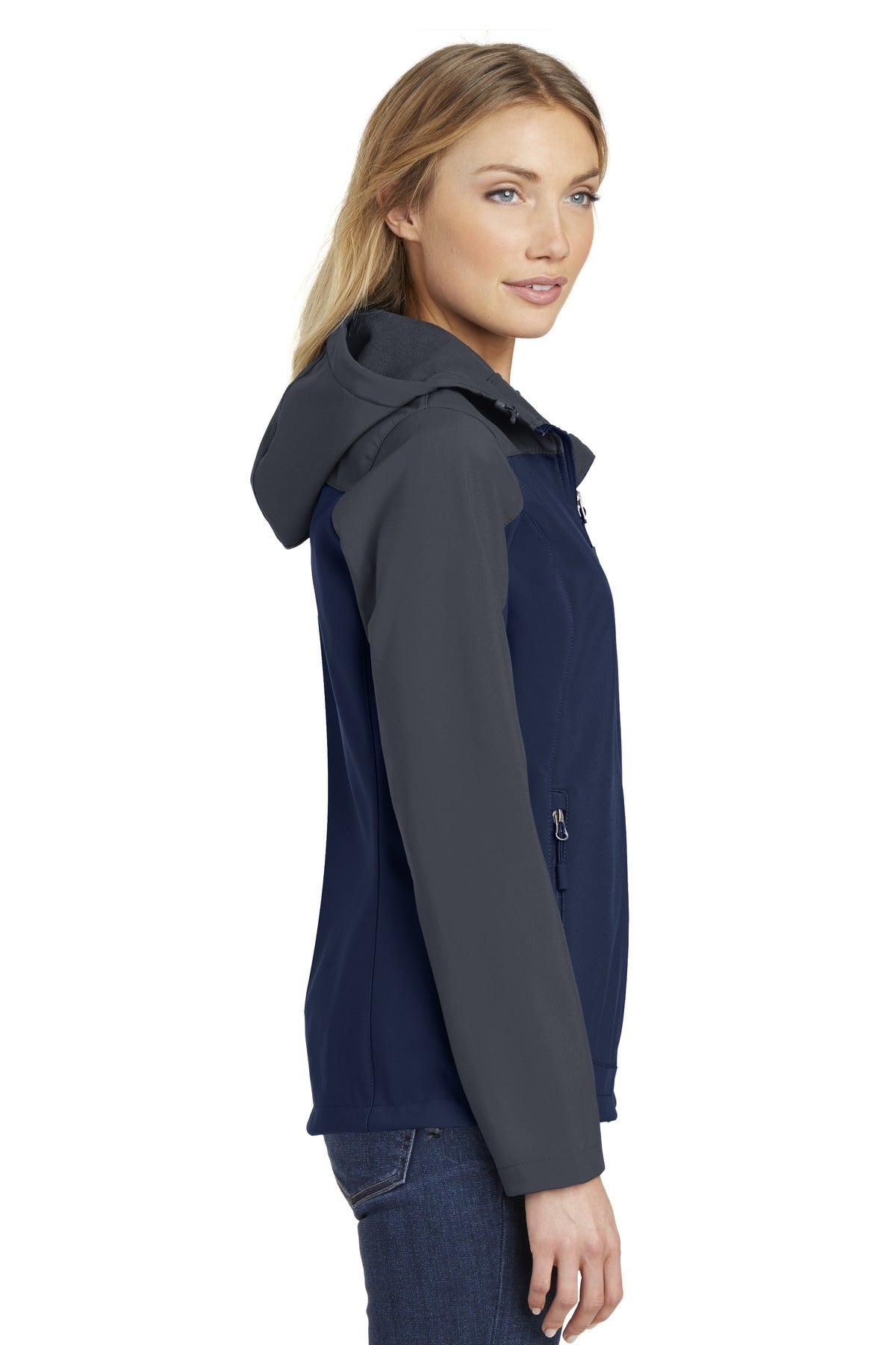 DB Nvy/Bat Gry Port Authority Women's Hooded Core Soft Shell Jacket. L335