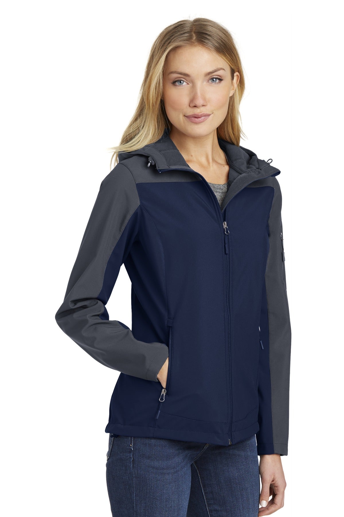 DB Nvy/Bat Gry Port Authority Women's Hooded Core Soft Shell Jacket. L335
