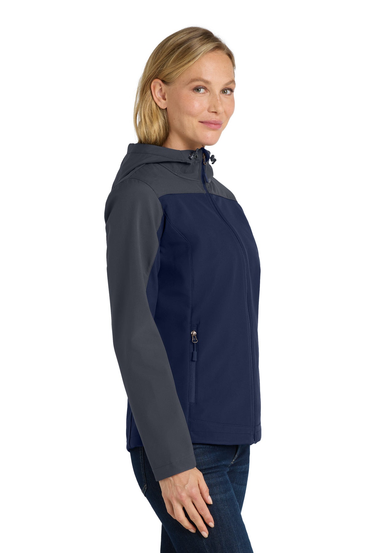 DB Nvy/Bat Gry Port Authority Women's Hooded Core Soft Shell Jacket. L335