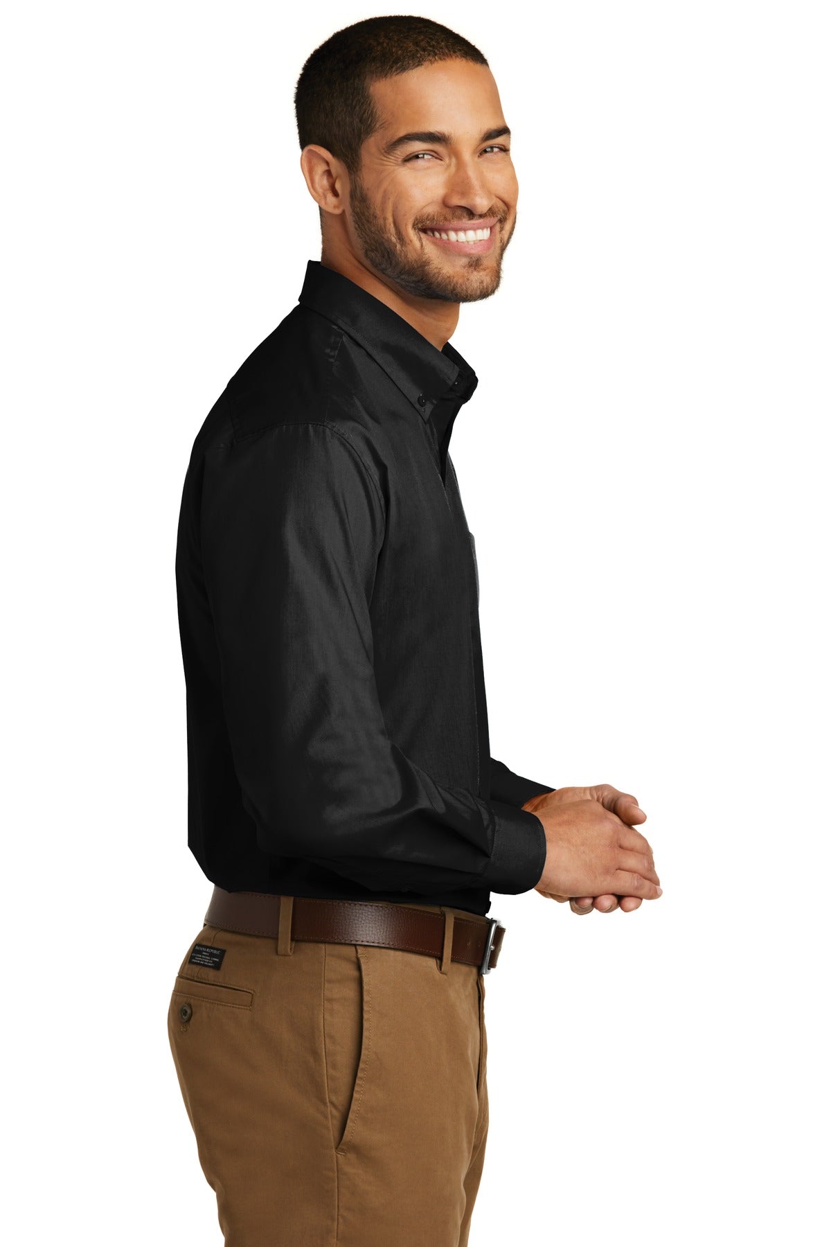 Deep Black Port Authority Tall Long Sleeve Carefree Poplin Shirt. TW100