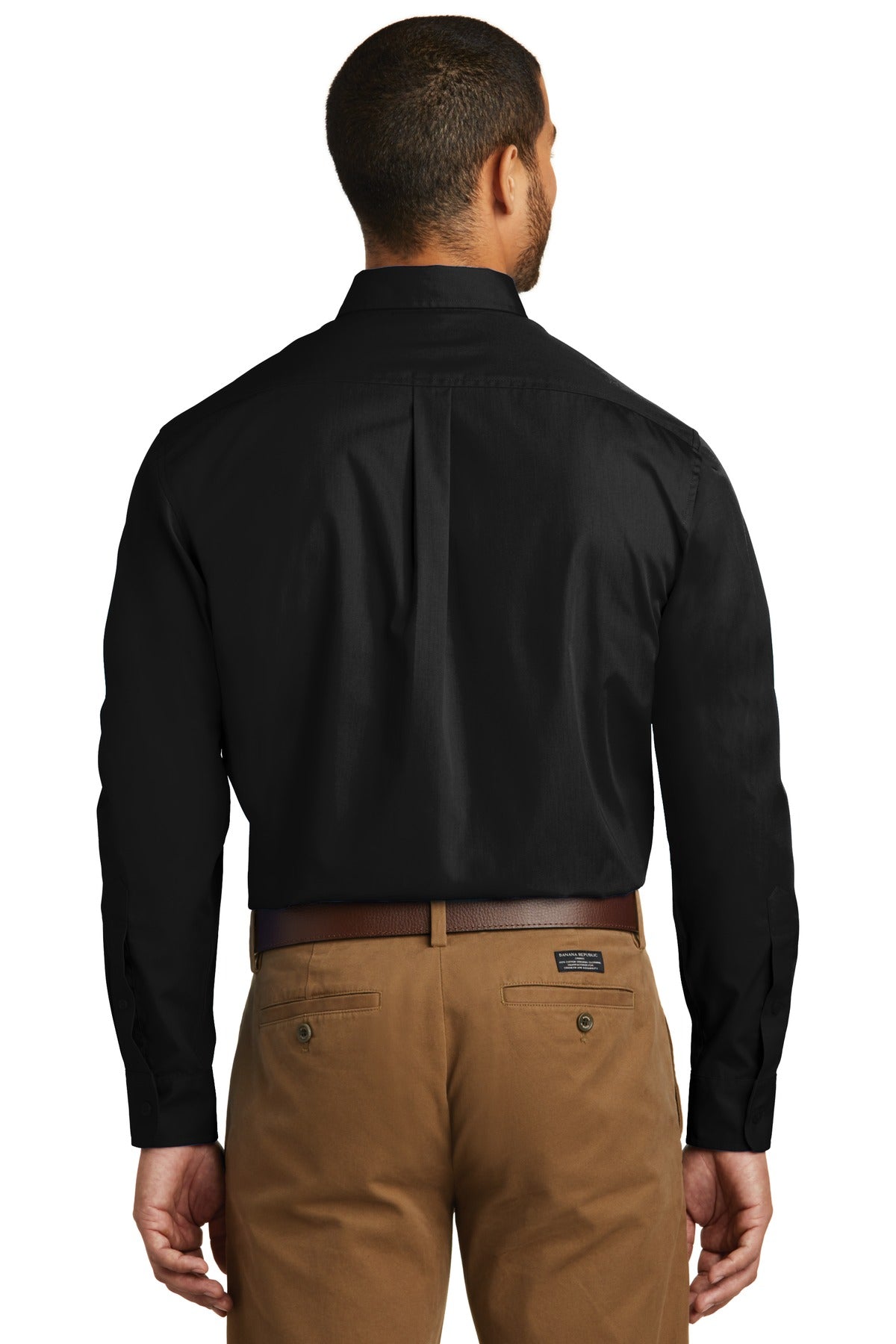 Deep Black Port Authority Tall Long Sleeve Carefree Poplin Shirt. TW100
