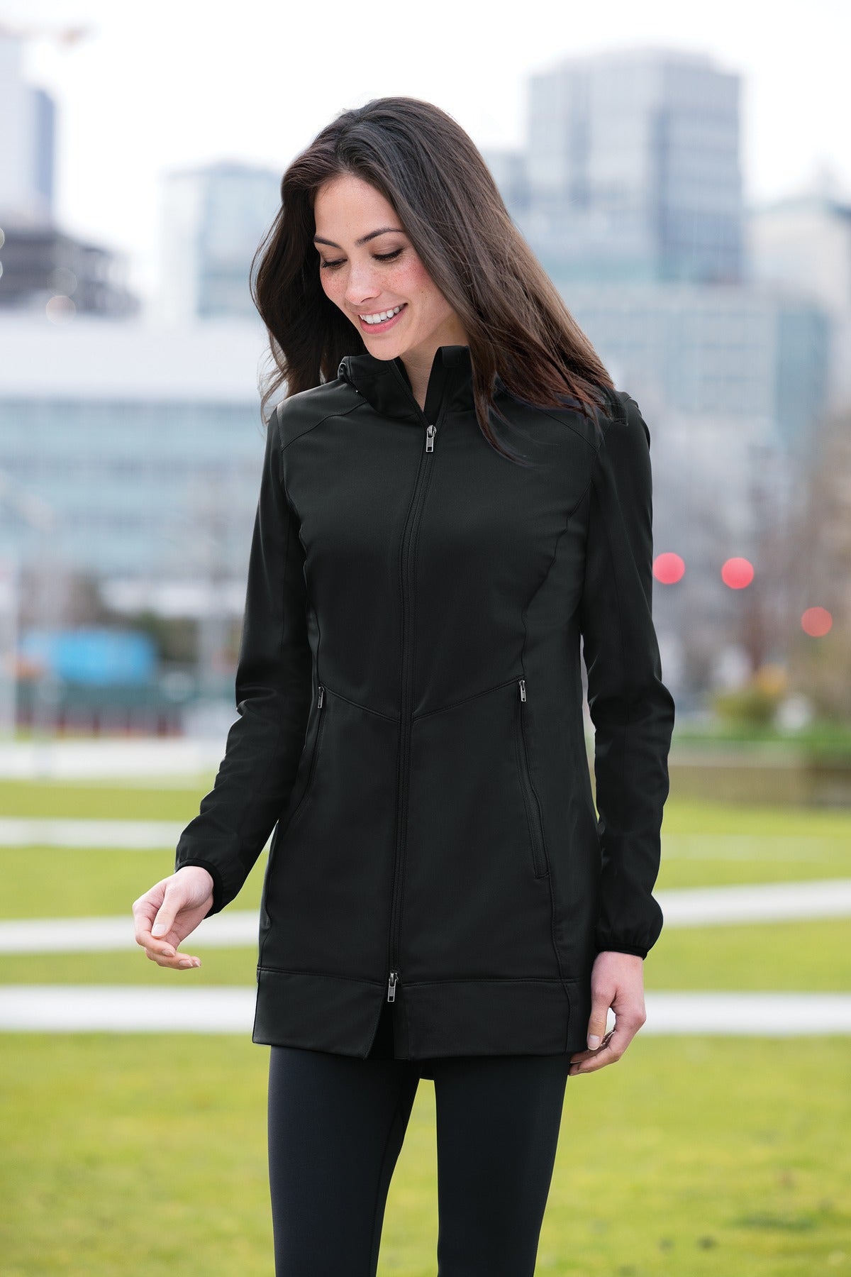 Deep Black Port Authority Women's Active Hooded Soft Shell Jacket. L719