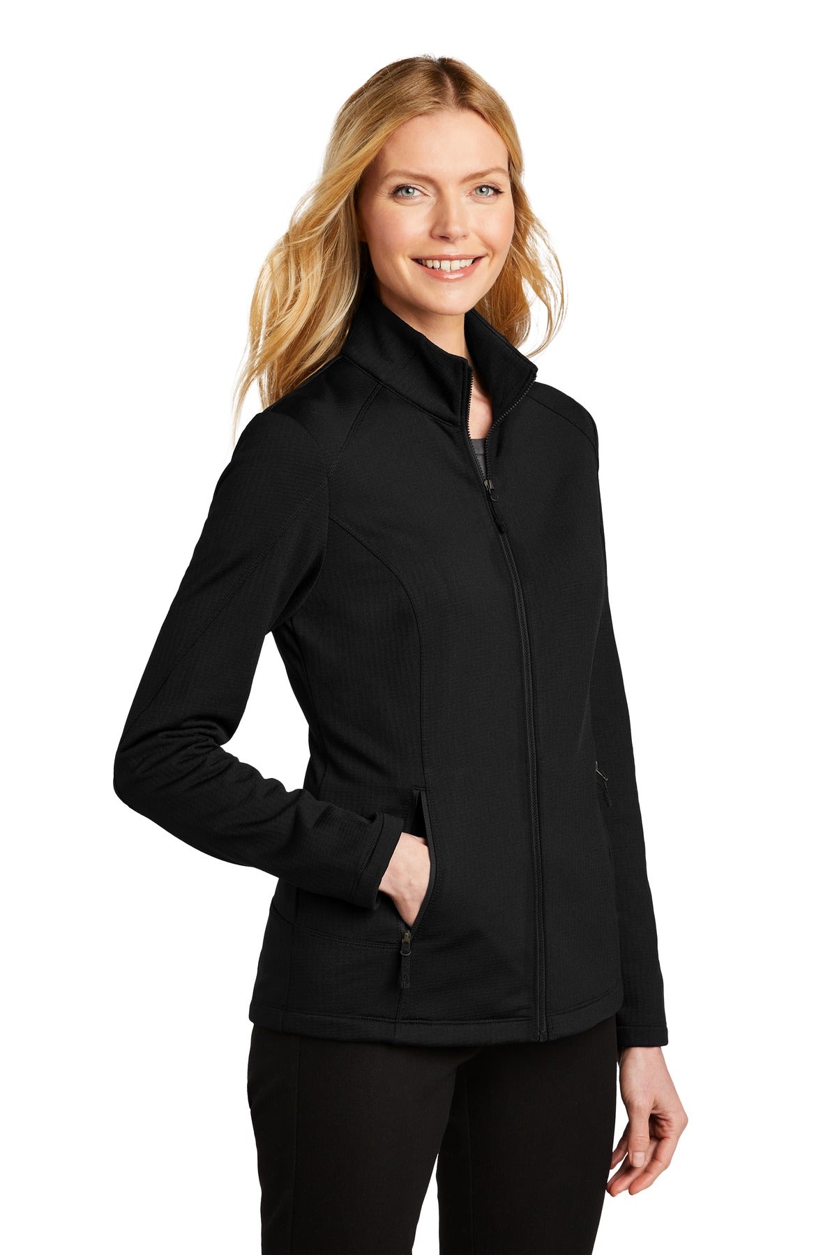 Deep Black Port Authority Women's Grid Fleece Jacket. L239