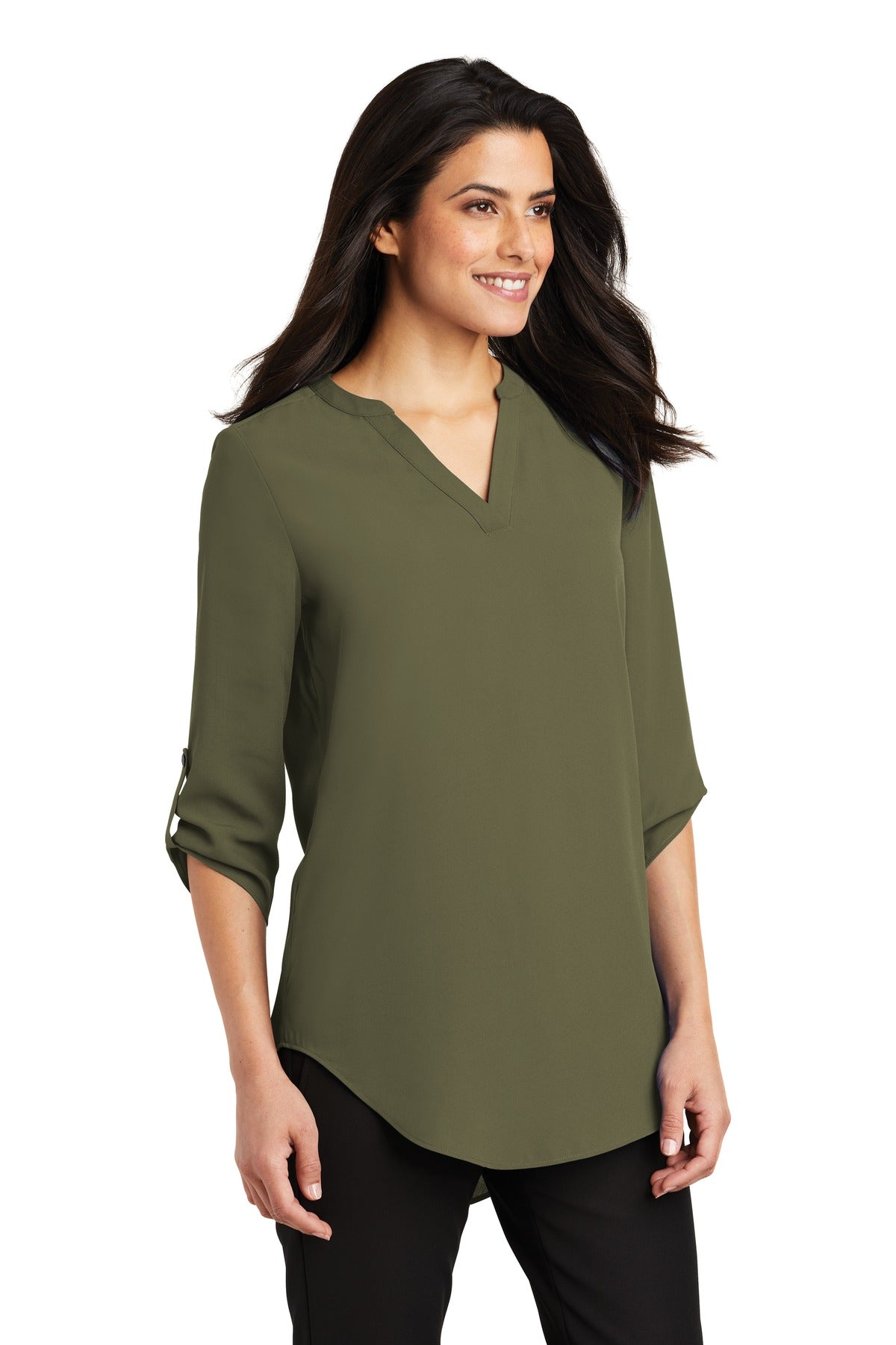 Deep Olive Port Authority Women's 3/4-Sleeve Tunic Blouse. LW701