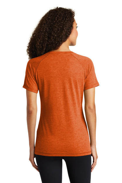 Deep Orng Hthr Sport-Tek Women's PosiCharge Tri-Blend Wicking Scoop Neck Raglan Tee. LST400