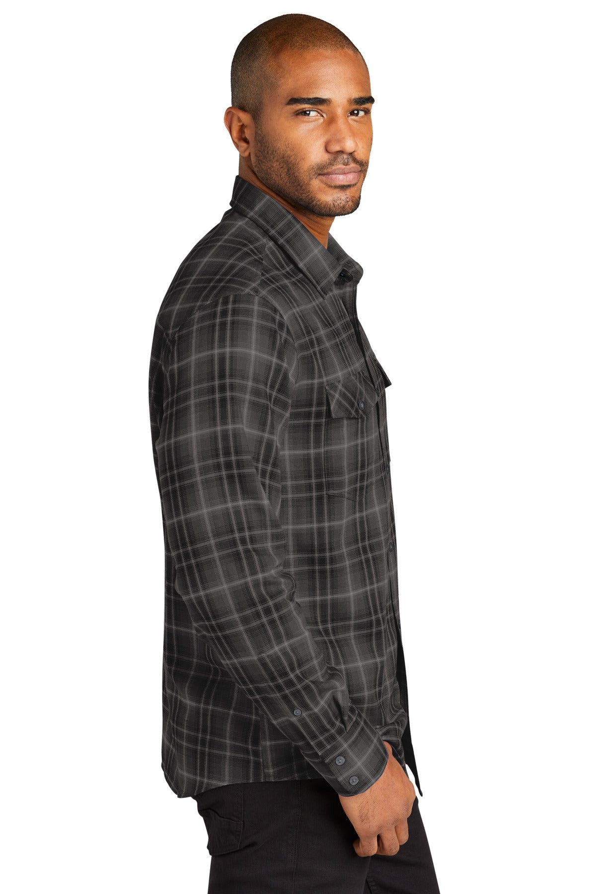 DeepBlack Port Authority Long Sleeve Ombre Plaid Shirt W672