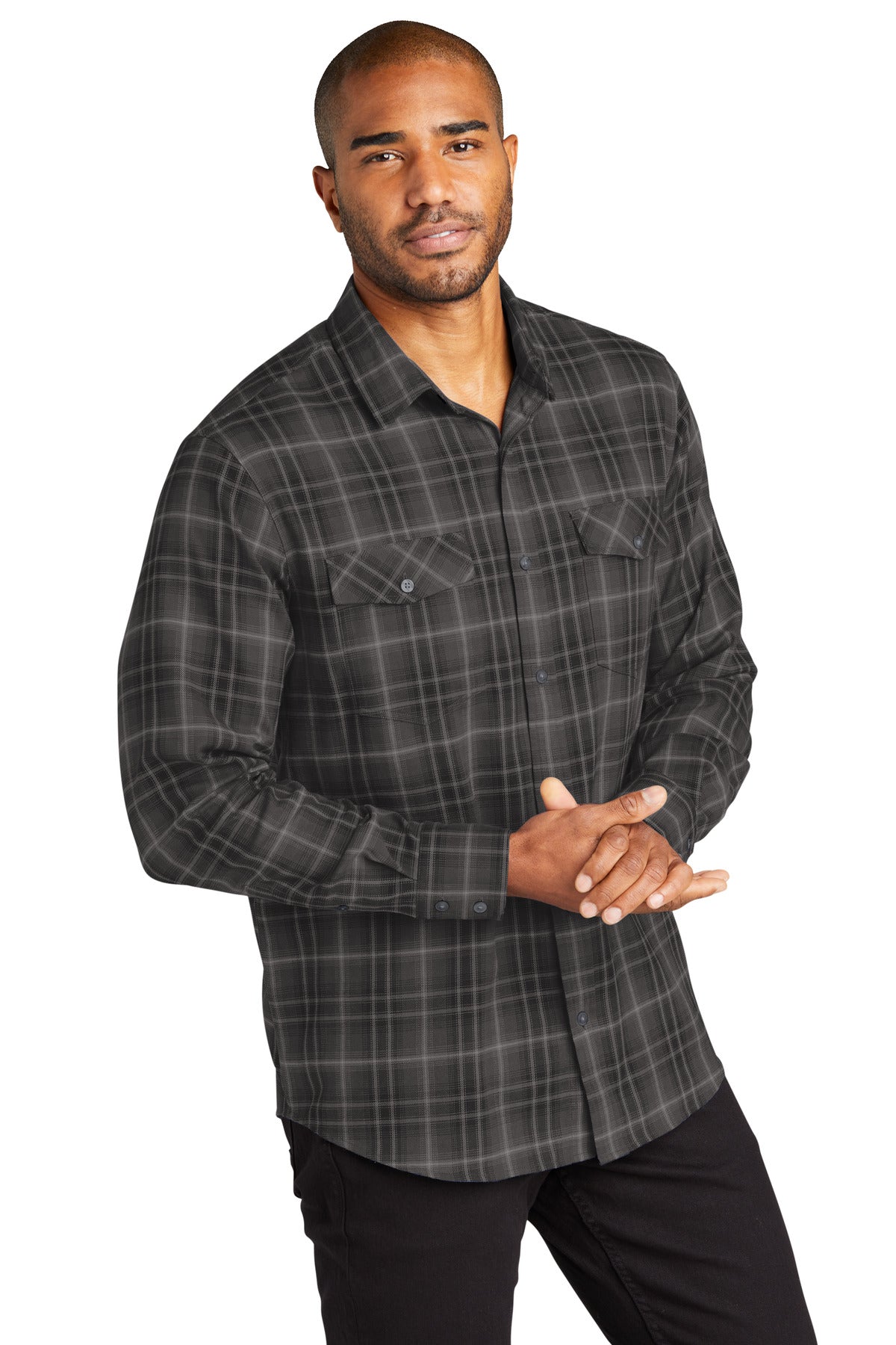 DeepBlack Port Authority Long Sleeve Ombre Plaid Shirt W672