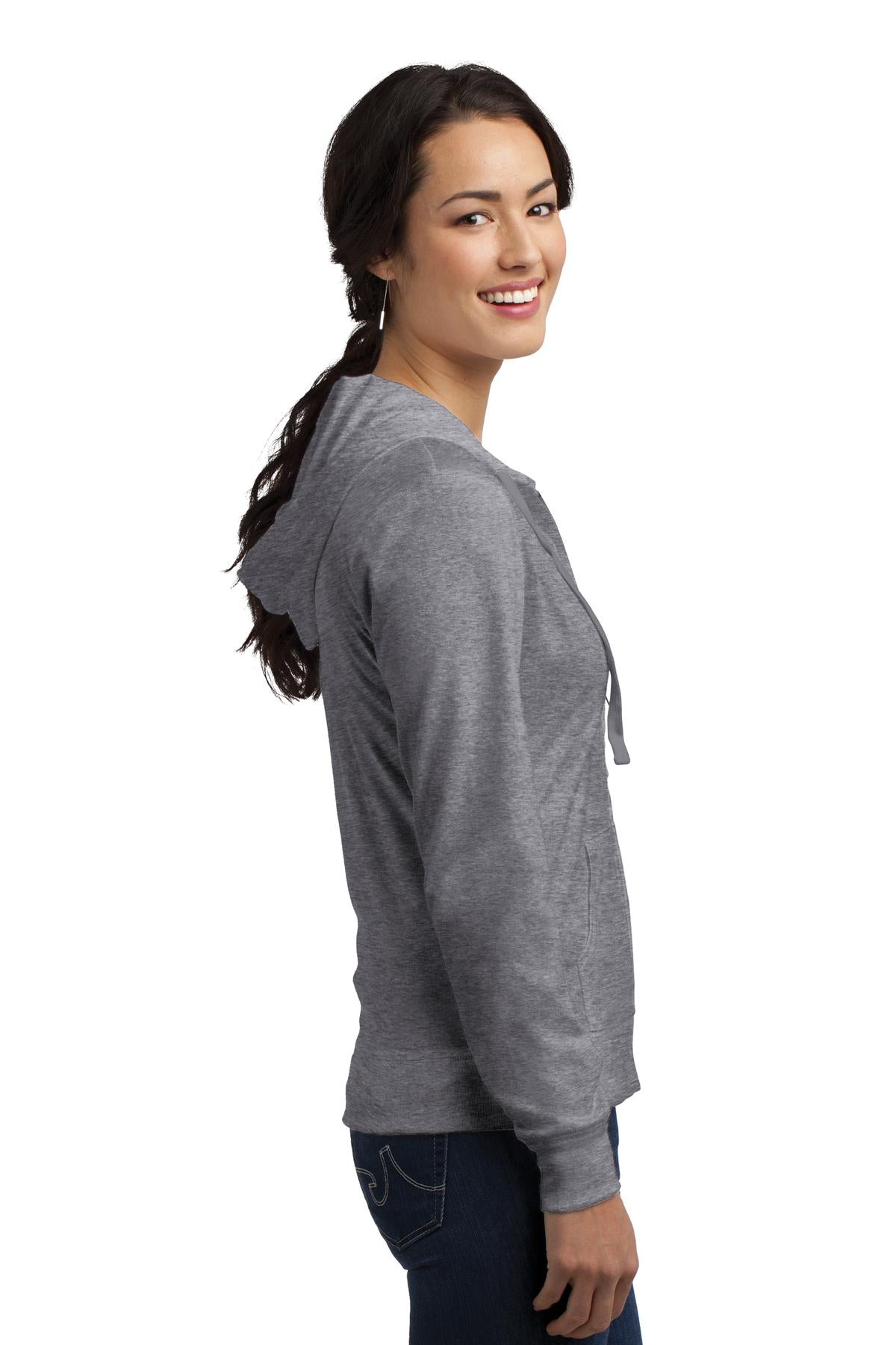 Dk Hthr Grey District Women's Fitted Jersey Full-Zip Hoodie. DT2100