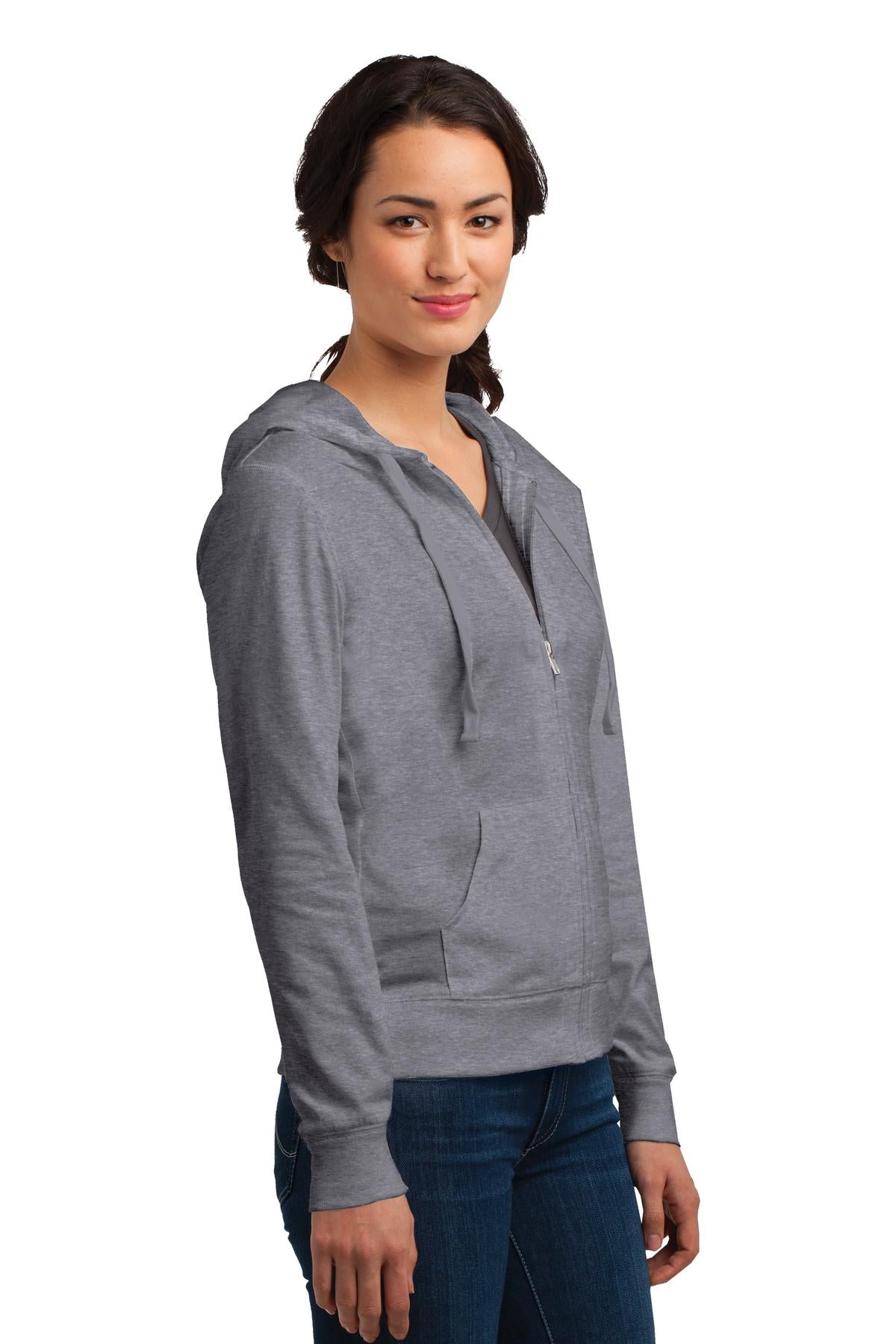 Dk Hthr Grey District Women's Fitted Jersey Full-Zip Hoodie. DT2100