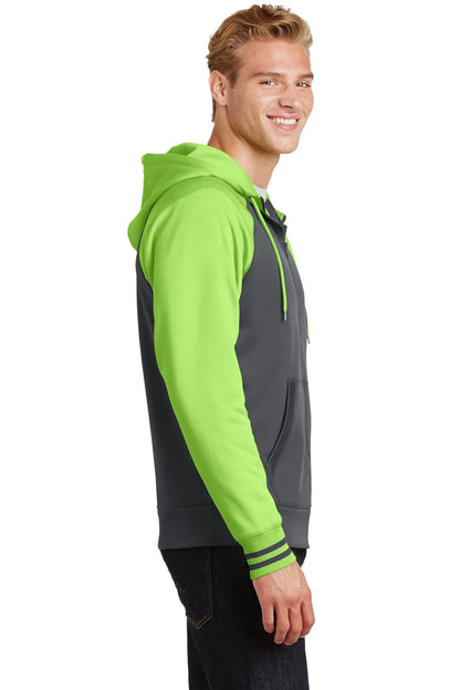 Dk Smk Gry/Lim Sport-Tek Sport-Wick Varsity Fleece Full-Zip Hooded Jacket. ST236