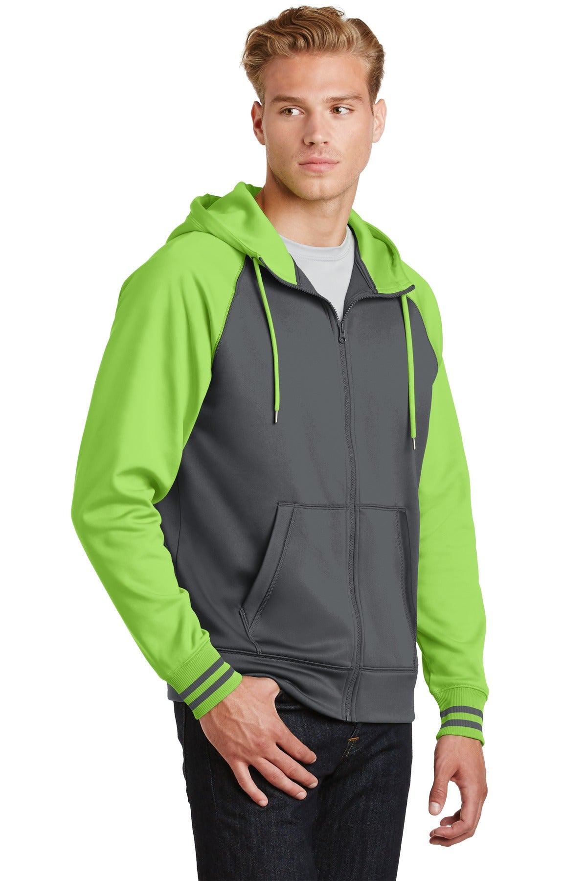 Dk Smk Gry/Lim Sport-Tek Sport-Wick Varsity Fleece Full-Zip Hooded Jacket. ST236