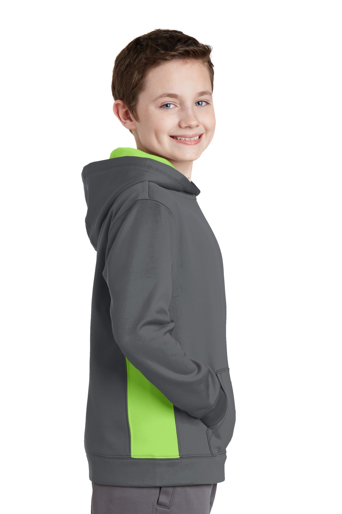 Dk Smk Gry/Lim Sport-Tek Youth Sport-Wick Fleece Colorblock Hooded Pullover. YST235
