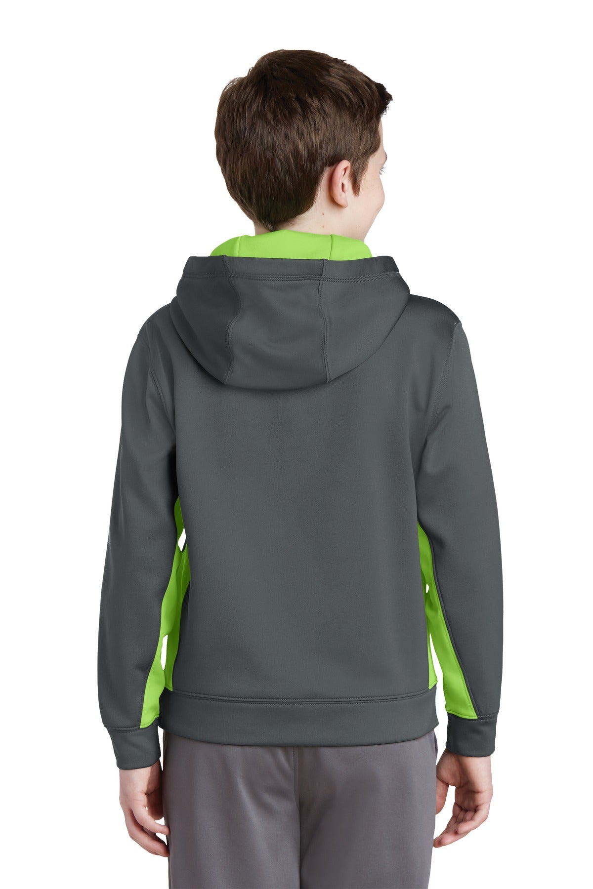 Dk Smk Gry/Lim Sport-Tek Youth Sport-Wick Fleece Colorblock Hooded Pullover. YST235