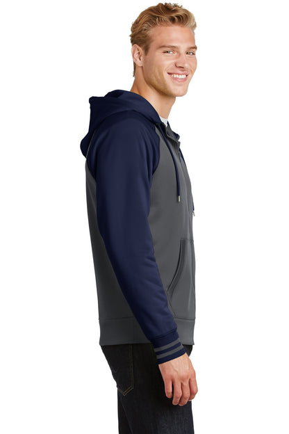 Dk Smk Gry/Nvy Sport-Tek Sport-Wick Varsity Fleece Full-Zip Hooded Jacket. ST236