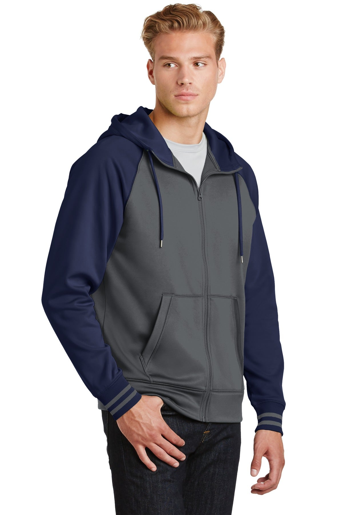 Dk Smk Gry/Nvy Sport-Tek Sport-Wick Varsity Fleece Full-Zip Hooded Jacket. ST236