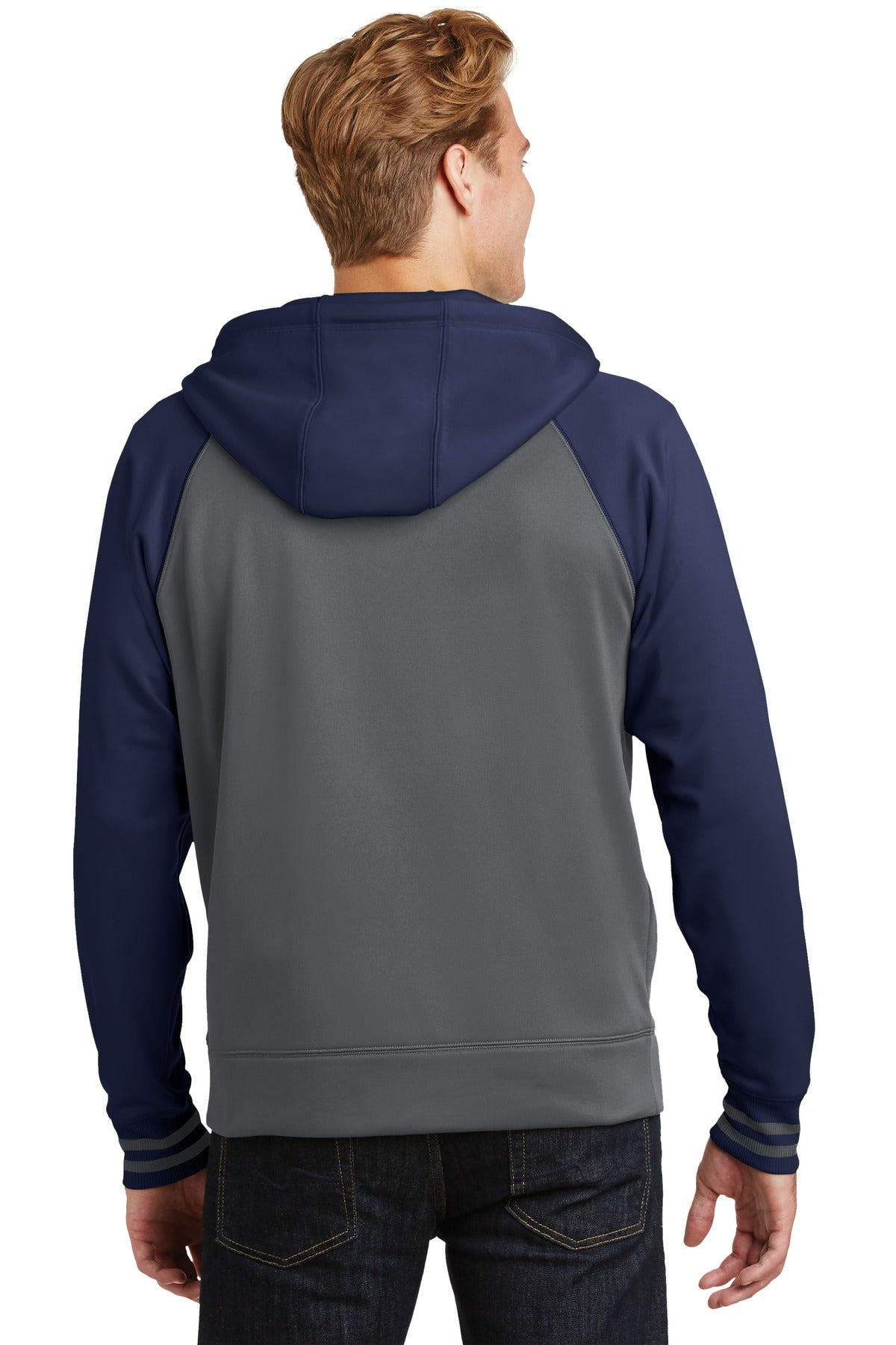 Dk Smk Gry/Nvy Sport-Tek Sport-Wick Varsity Fleece Full-Zip Hooded Jacket. ST236